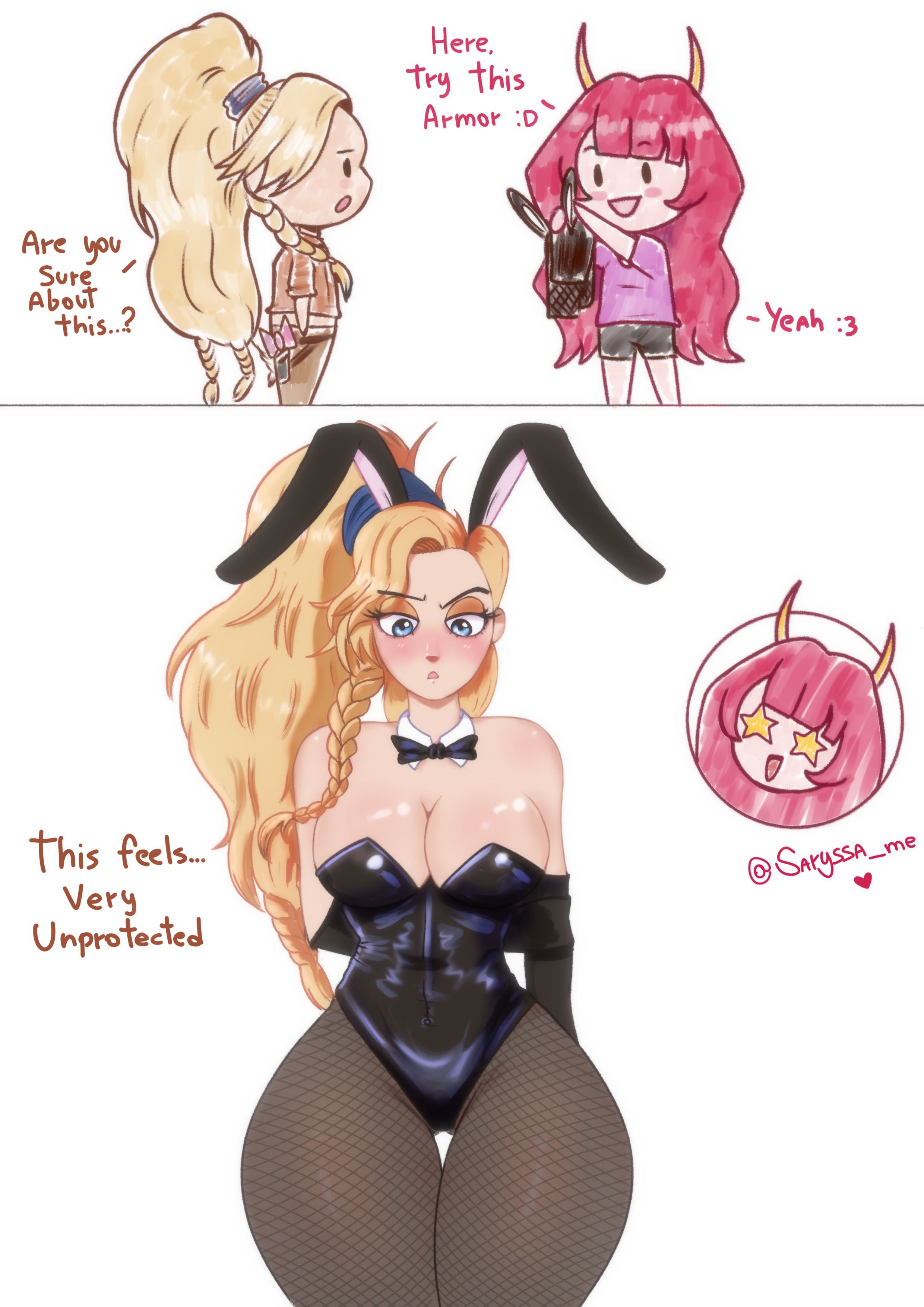 blonde hair, blue eyes, bunny girl, bunnysuit, female, gemma (monster hunter wilds), monster hunter, monster hunter wilds, red hair, saryssa me, sexy, thick thighs, tricked