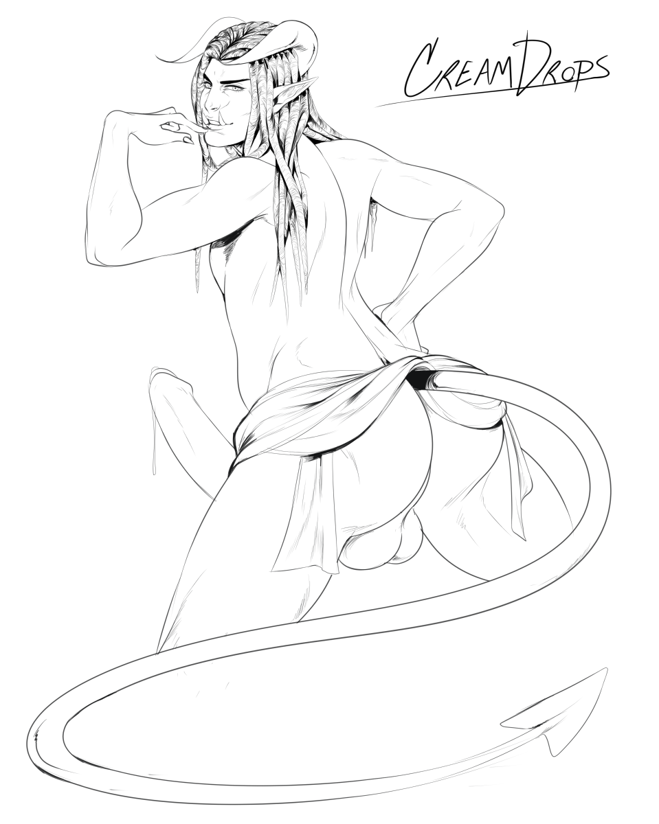 1boy ass big_penis creamdrops demon demon_male dreadlocks facing_away fangs horns line_art male male_only precum solo tail uncolored yaoi