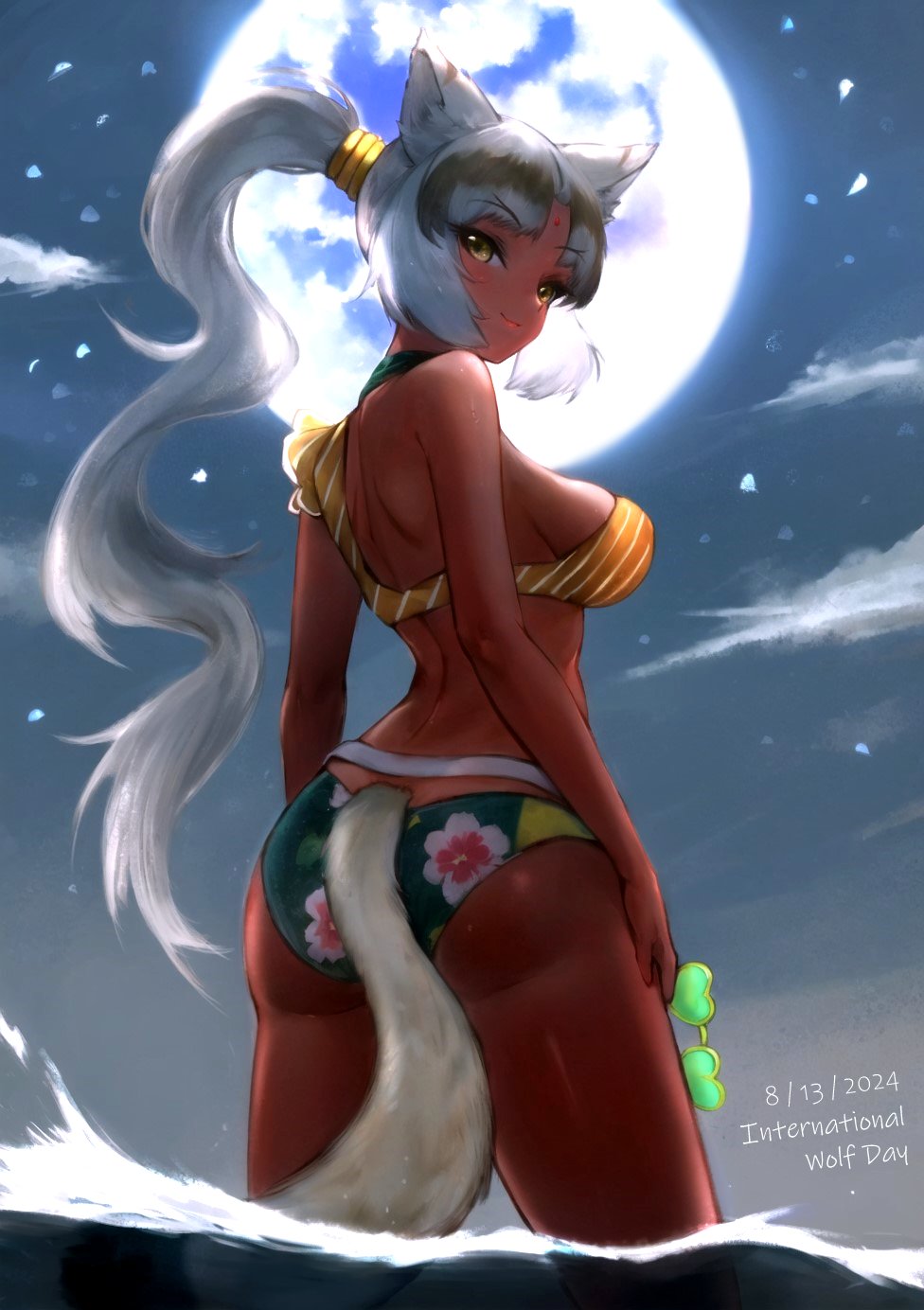 1girls bikini dark-skinned_female forehead_jewel grey_hair indian_wolf_(kemono_friends) jack4l kemono_friends large_breasts long_hair looking_at_viewer looking_back moon ponytail rear_view silver_hair voluptuous wolf_ears wolf_girl wolf_tail