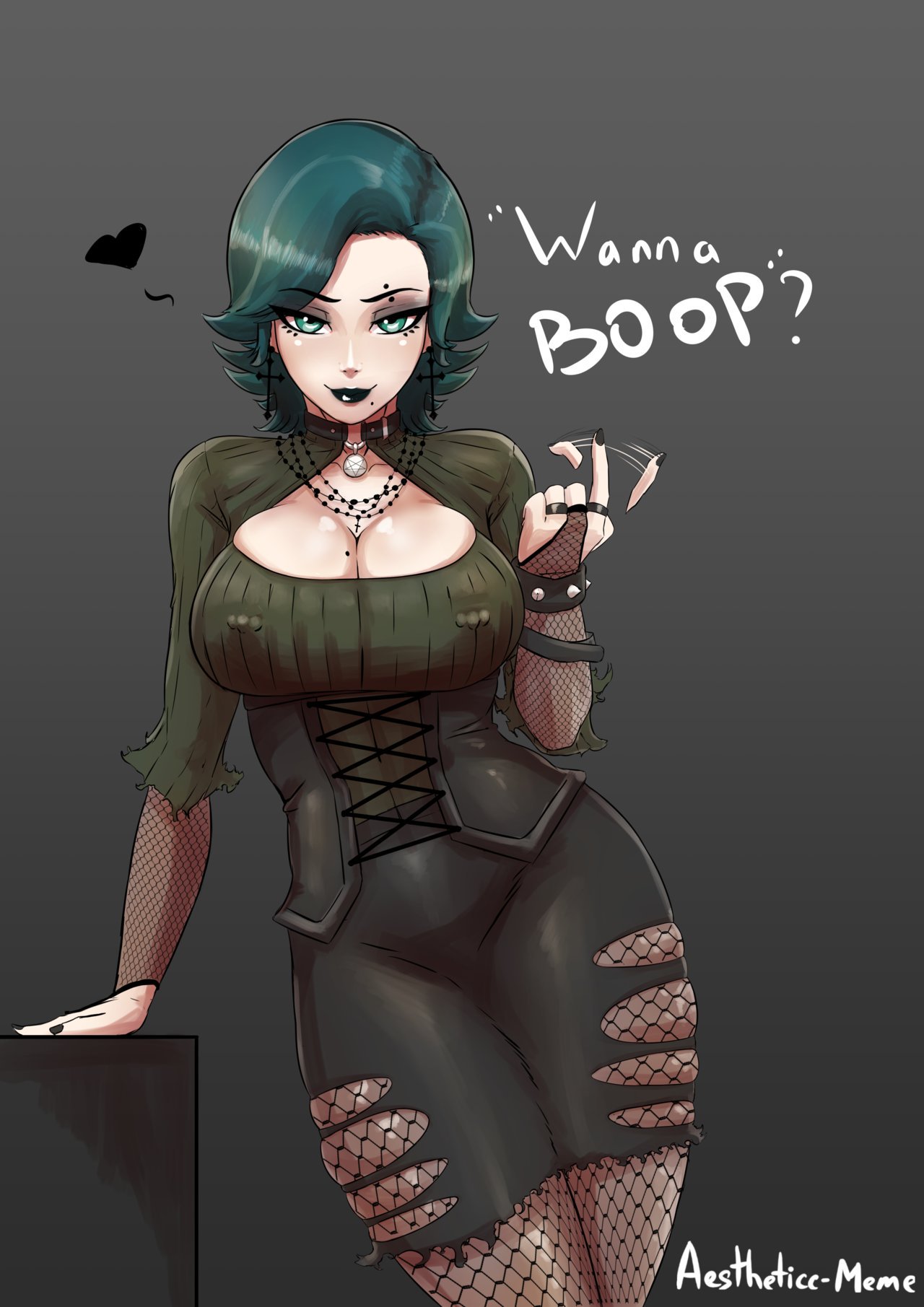 1girls, aestheticc-meme, beckoning, black fingernails, black lipstick, black nails, breasts, cleavage, female, female only, goth, goth nora valkyrie, huge breasts, large breasts, lipstick, nail polish, naughty face, nora valkyrie, pentagram, pentagram necklace, pierced nipples, piercings, rwby, seductive, seductive smile, smile, solo, source request, text, thick thighs, voluptuous