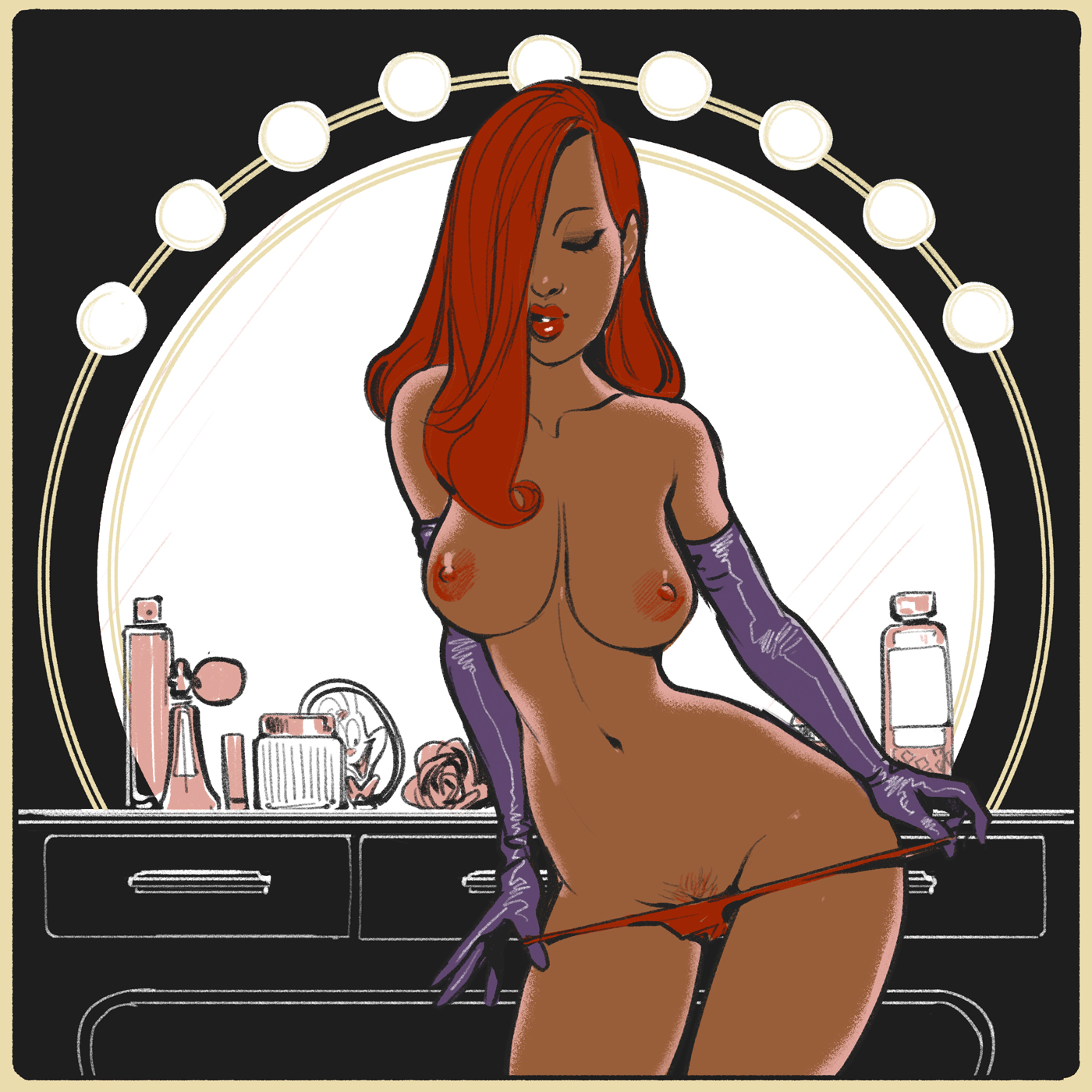 areolae, bare legs, bare shoulders, big breasts, breasts, busty, disney, elbow gloves, eyeshadow, female, female focus, female only, hair over one eye, hanging breasts, hourglass figure, jessica rabbit, large breasts, lipstick, long hair, mirror, navel, nipples, panties, panties down, pinup, pubic hair, pubic hair peek, red hair, reflection, solo, tagme, thick thighs, topless, undressing, who framed roger rabbit, wide hips, wintonkidd
