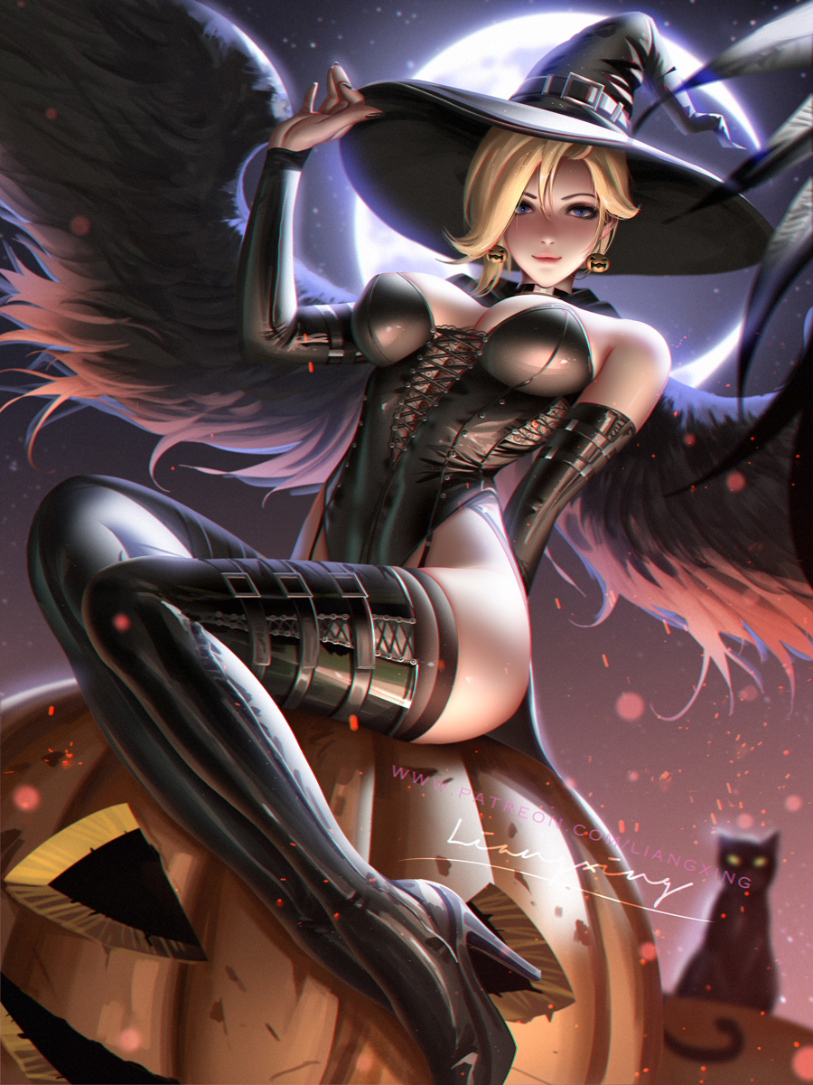 1girls, big breasts, breasts, cleavage, female, female only, large breasts, liang xing, looking at viewer, mercy, overwatch, solo, thighhighs