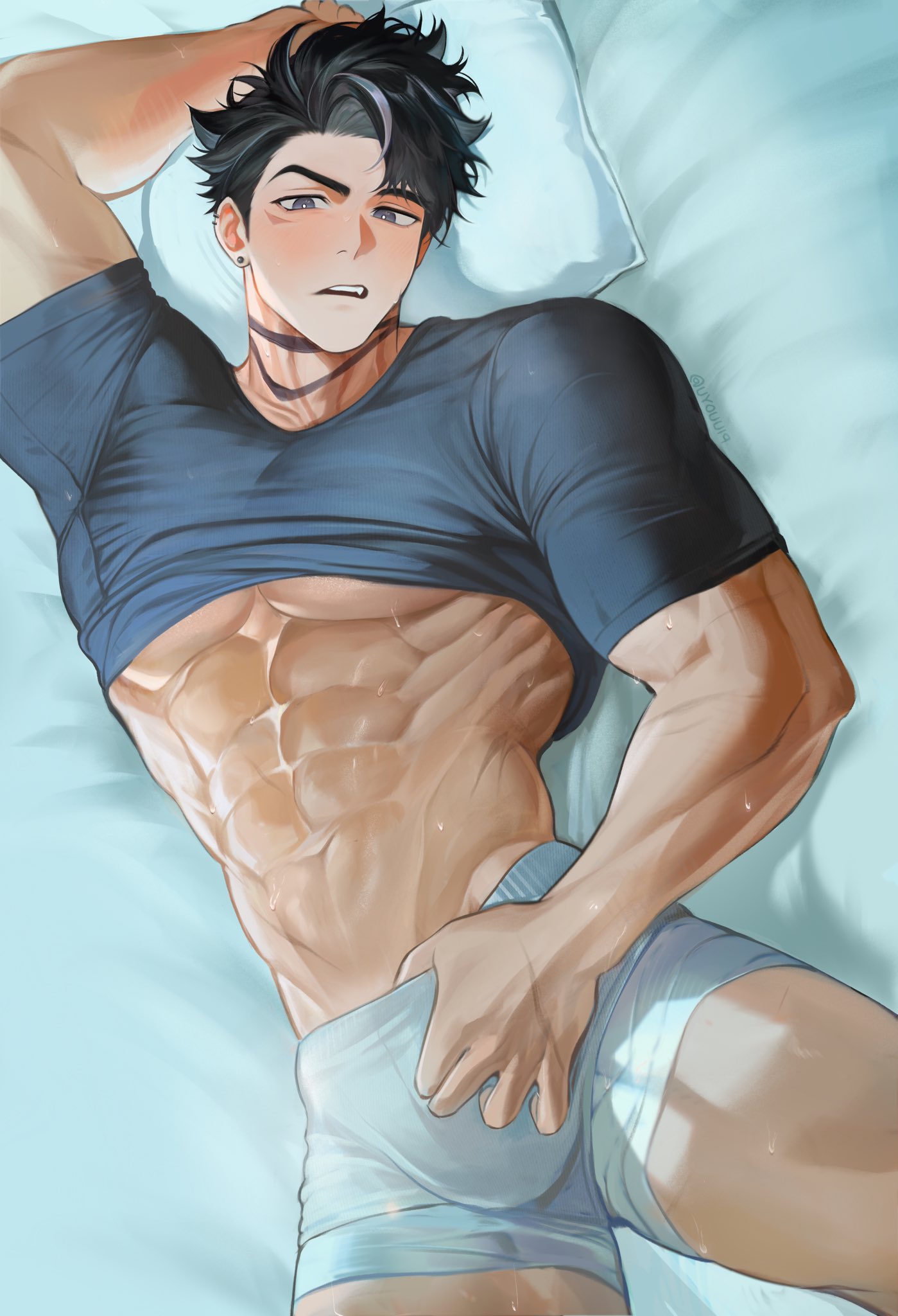 1boy, abs, bara, gay, genshin impact, honestly quite incredible, huge bulge, in bed, lying, lying on back, male, male focus, male only, morning wood, muscular, muscular chest, muscular male, pecs, pillow, solo, solo male, sweat, underwear, uyouu19, waow, wriothesley (genshin impact)