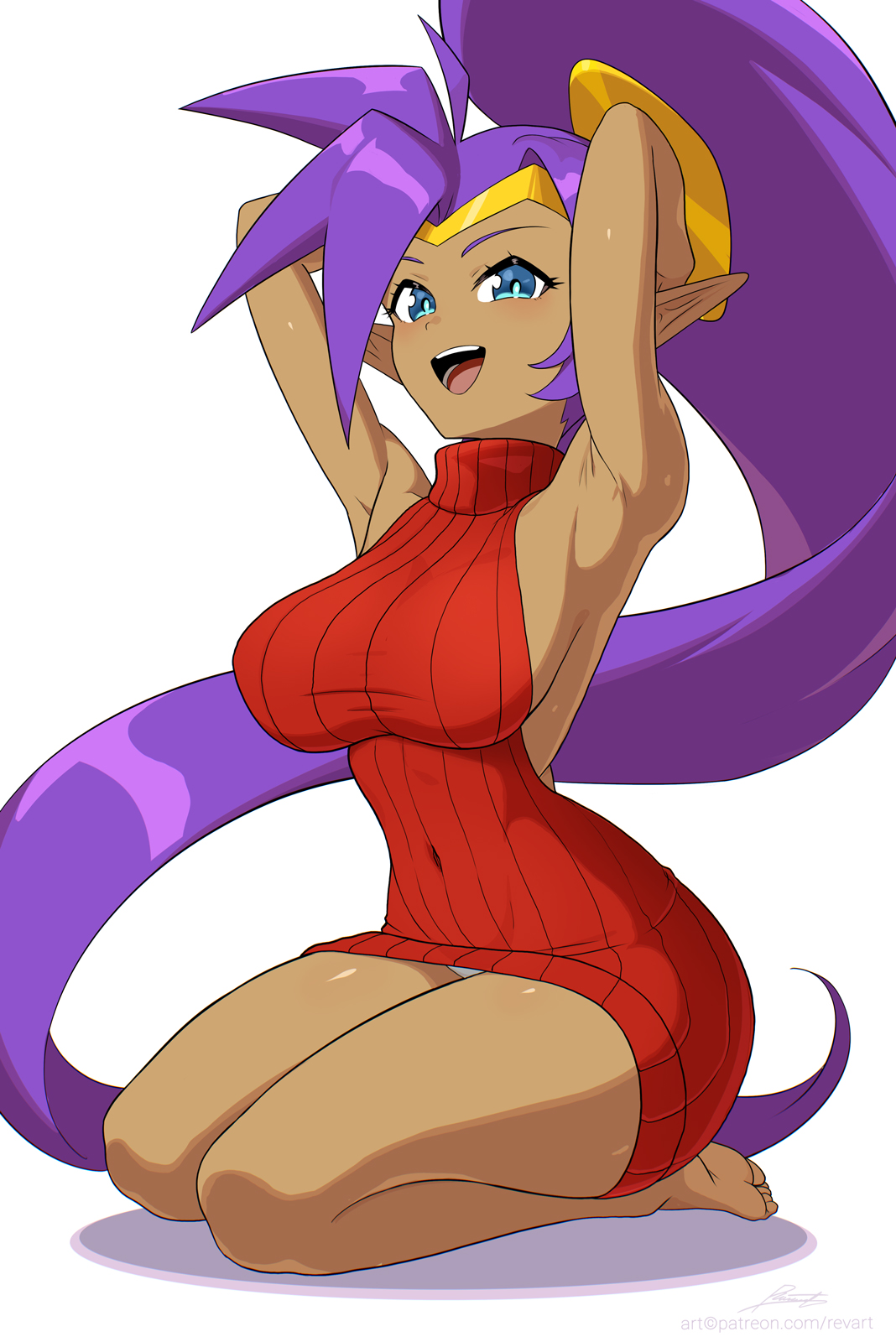 1girls, armpits, ass, bare shoulders, bare thighs, barefoot, big ass, big breasts, big butt, bimbo, blue eyes, blush, breasts, busty, eyelashes, female, huge breasts, long hair, no pants, panties, ponytail, purple hair, revenantart, seductive, shantae, shantae (character), smooth skin, sweater, thick ass, virgin killer sweater, white panties