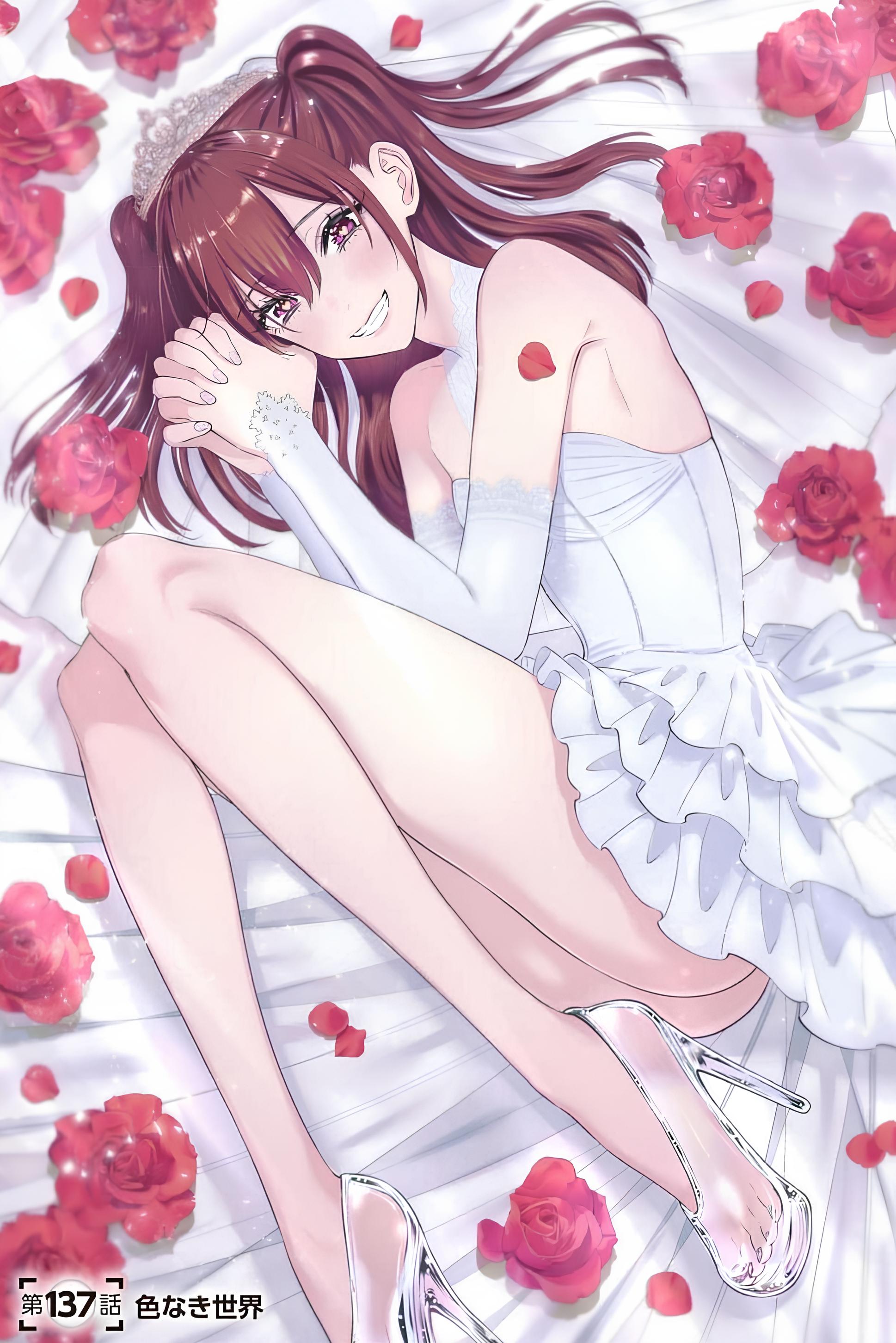2.5 jigen no ririsa, armpits, ass visible through thighs, bare legs, bare shoulders, bare thighs, breasts, brown hair, elbow gloves, feet, female, gloves, hashimoto yuu, high heels, long hair, long legs, lying, manga, official art, parted lips, skirt, small breasts, smile, tachibana mikari, thighs, tiara, toes, twintails, wedding dress, wedding gloves, white gloves