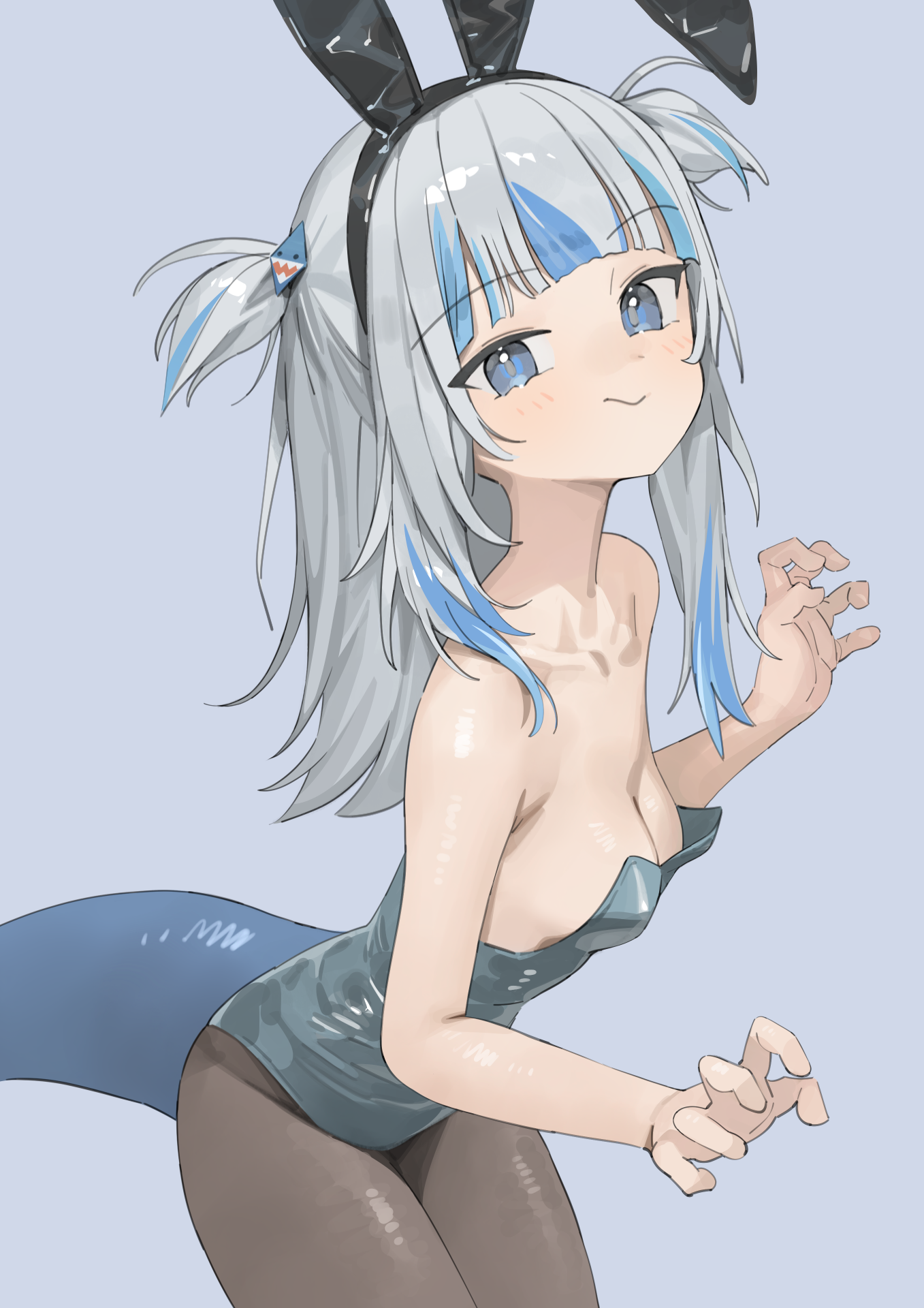 1girls, bare shoulders, blue eyes, blue hair, blush, breasts, bunny ears, bunnysuit, female, female only, gawr gura, hairclip, hololive, hololive english, hololive myth, koyoyama, light skin, light-skinned female, long hair, shark girl, shark tail, small breasts, solo, tagme, tail, twintails, two-tone hair, virtual youtuber, vtuber, white hair