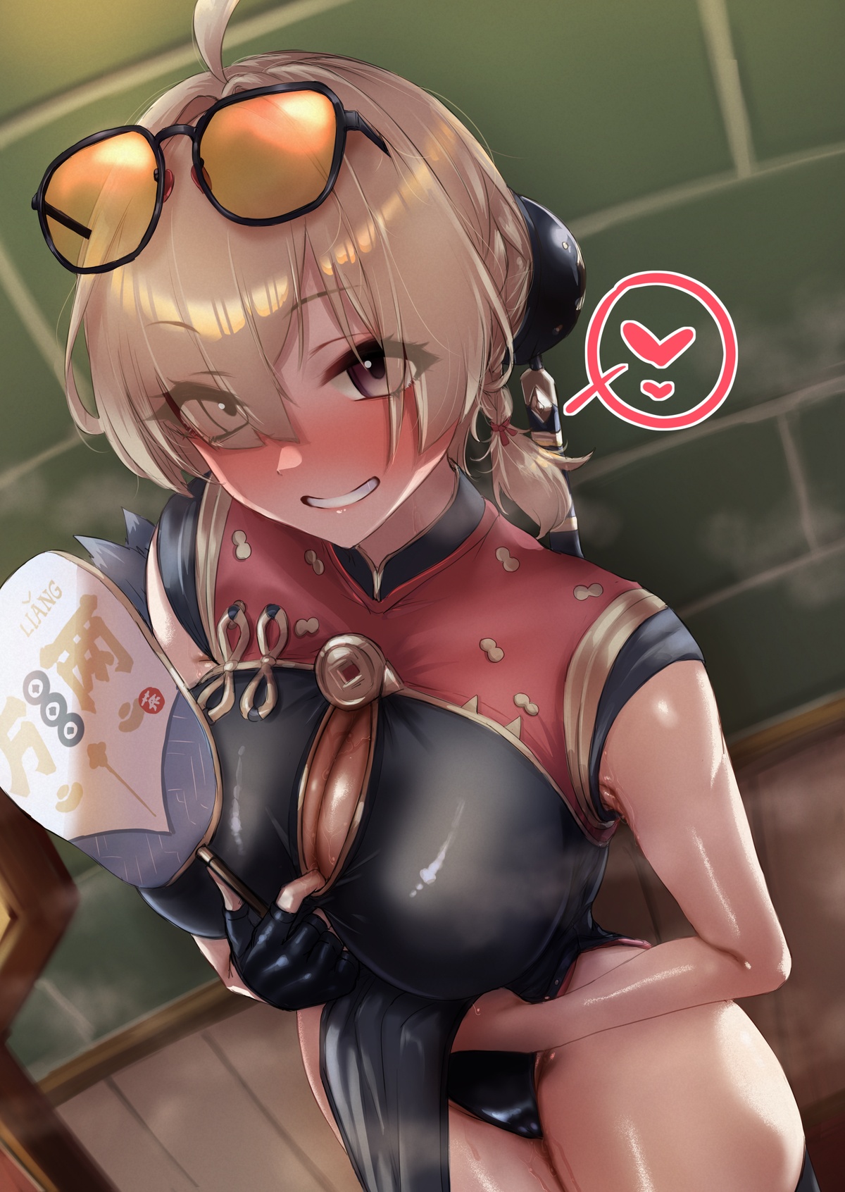 1girls, breasts, byoushitsu 403, china dress, chinese clothes, cleavage, dress, eyewear on head, female, fingerless gloves, from above, gloves, hair over one eye, hand fan, heart, highres, holding, lifting own clothes, looking at viewer, purple eyes, seductive smile, smile, solo, spoken heart, sweety (zenless zone zero), zenless zone zero