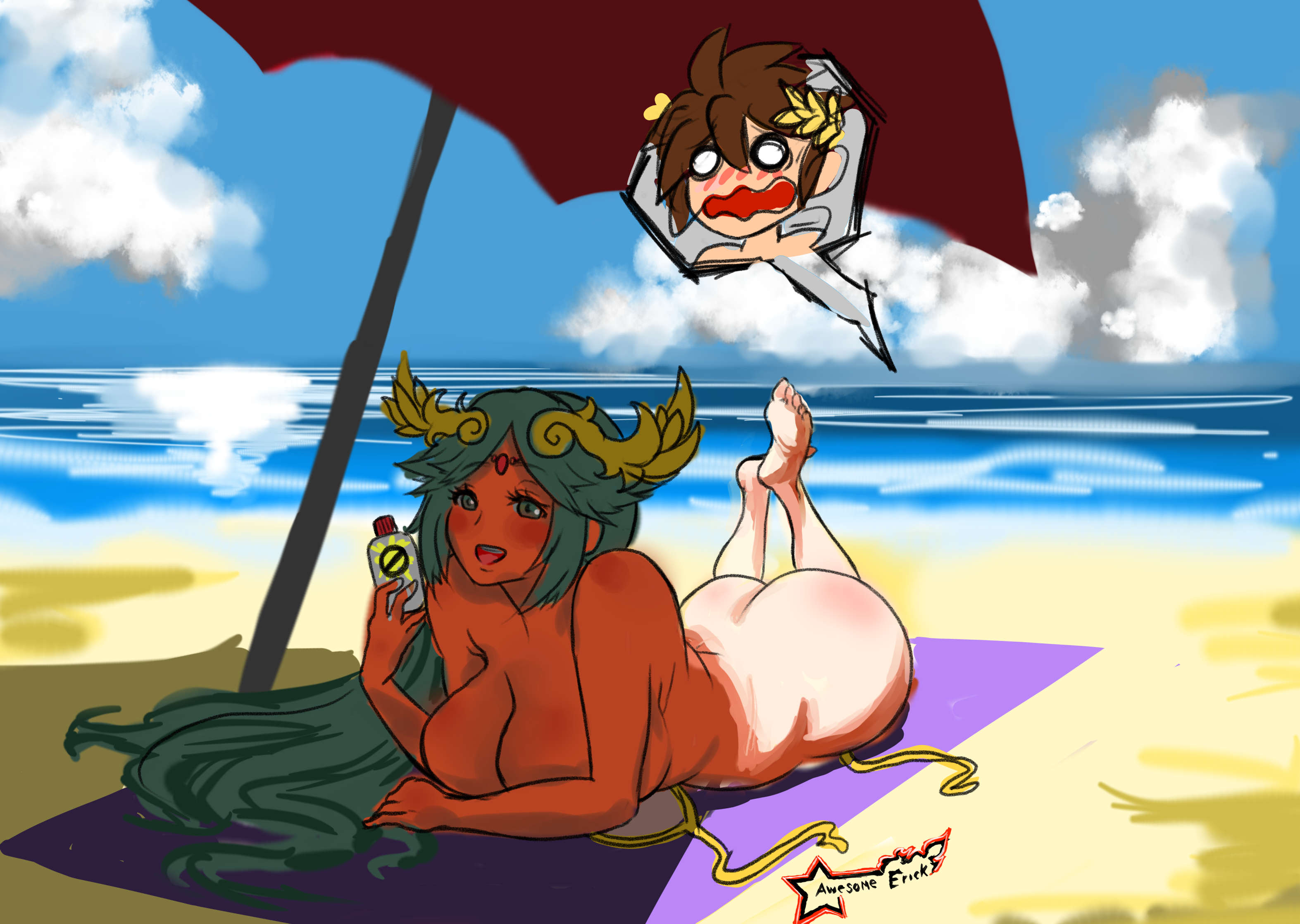1girls, angel, ass, awesomeerix, barefoot, beach, big ass, bikini, blush, day, feet, female, green hair, highres, inset, invitation, kid icarus, kid icarus uprising, lotion, lotion bottle, male, nintendo, nude, palutena, pit, pit (kid icarus), sand, scared, sky, smile, straight, sunbathing, thick, umbrella, untied bikini, voluptuous