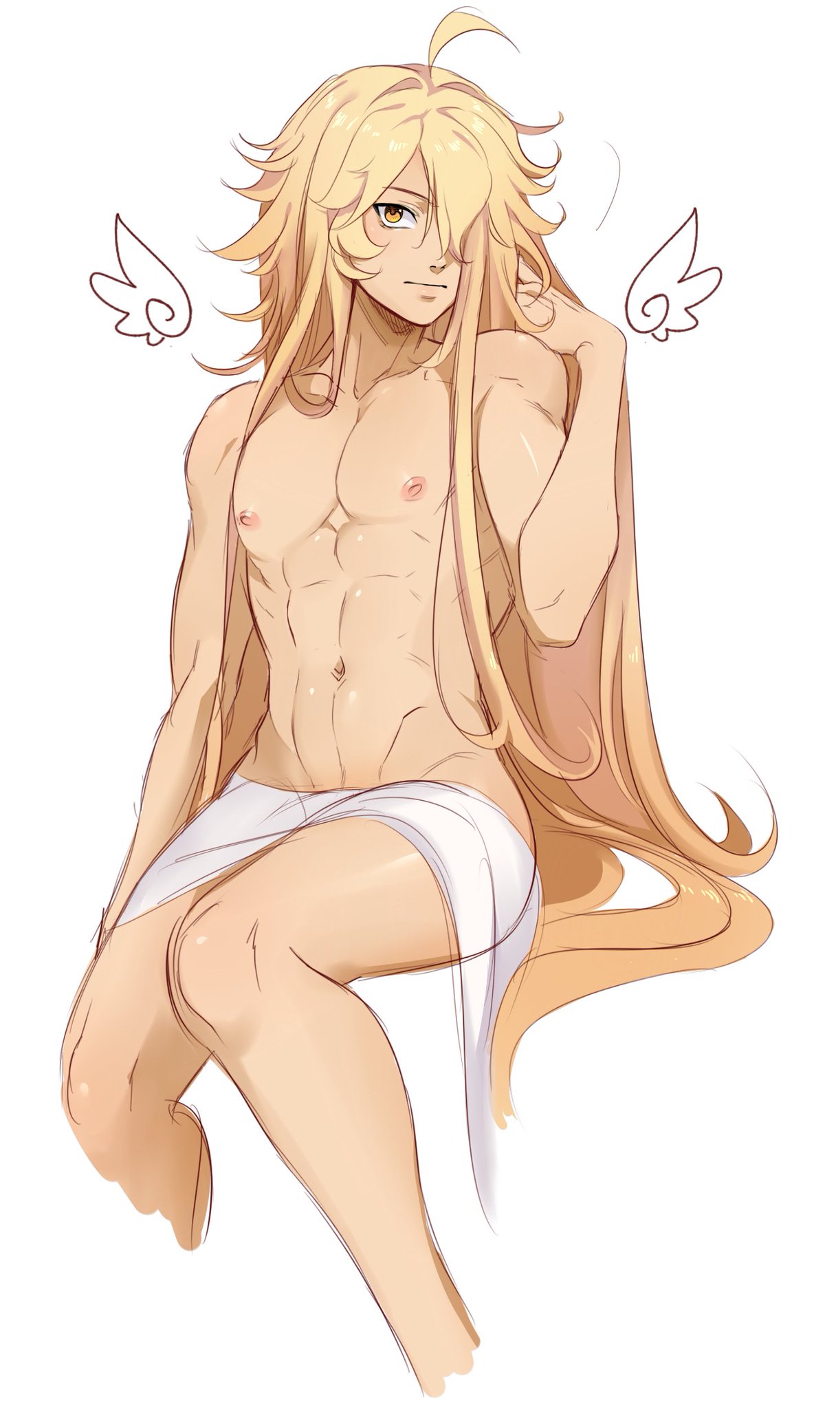 aether (genshin impact), blonde hair, femboy, genshin impact, gold eyes, hair over one eye, long hair, male, male only, topless, wings