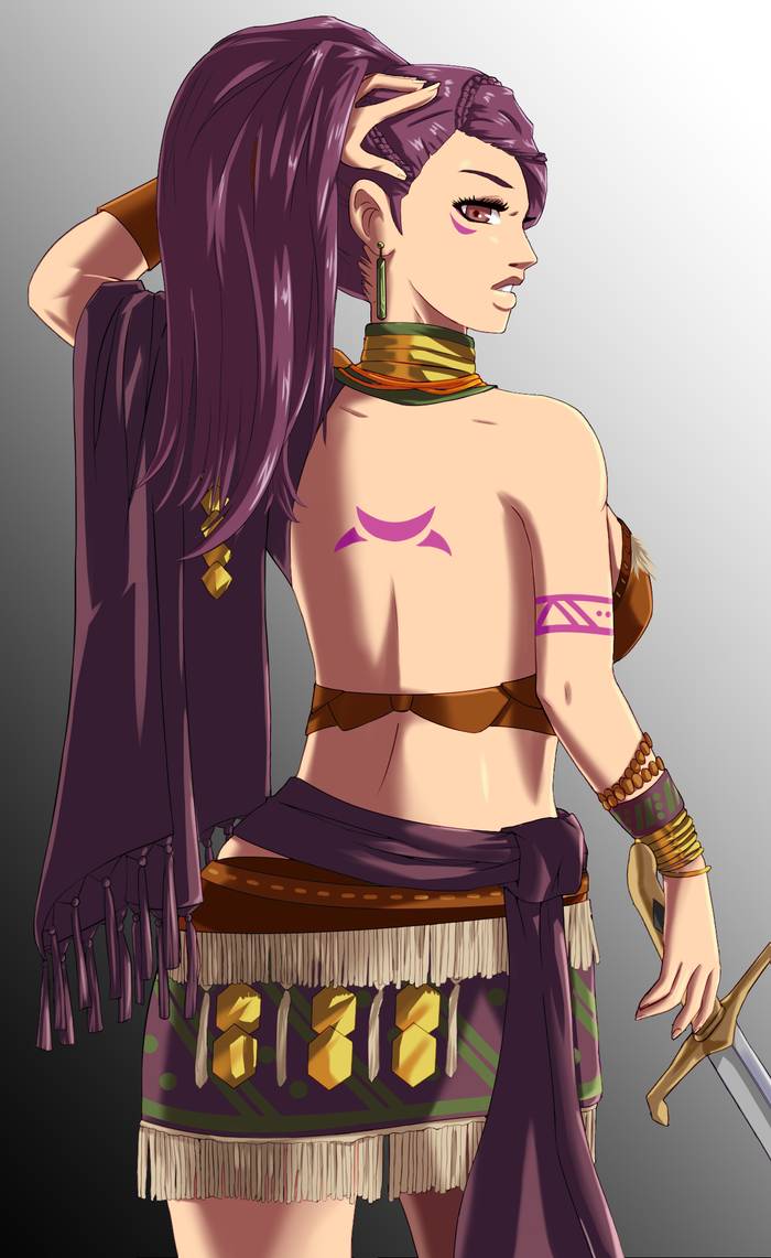 back_muscles back_view bare_back bra earrings fieryjinx fire_emblem fire_emblem:_three_houses looking_at_viewer looking_back markings petra_macneary post-timeskip pov red_eyes red_hair sideboob sword tribal tribal_markings tribal_tattoo wristband