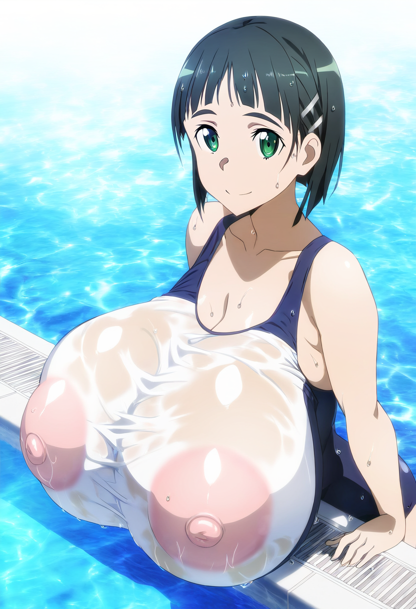 1girls ai_generated black_hair blush cleavage erect_nipples erect_nipples_under_clothes female female_only green_eyes huge_breasts hyper_breasts kirigaya_suguha light-skinned_female light_skin looking_at_viewer maid_uniform massive_breasts mt_onizu nipples_visible_through_clothing one-piece_swimsuit see-through see-through_clothing short_hair smiling solo sweat sweatdrop sword_art_online tagme thick_body thick_female voluptuous voluptuous_female wet