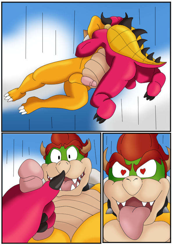 2boys anthro border bowser ciel-wolf cloud duo gay genitals hair horn hybrid koopa male male/male mario_(series) mario_and_luigi_(series) masturbation midbus multicolored_body nintendo overweight penis pink_body pink_penis red_hair reptil reptile scalie sky teeth tongue tongue_out turtle white_border