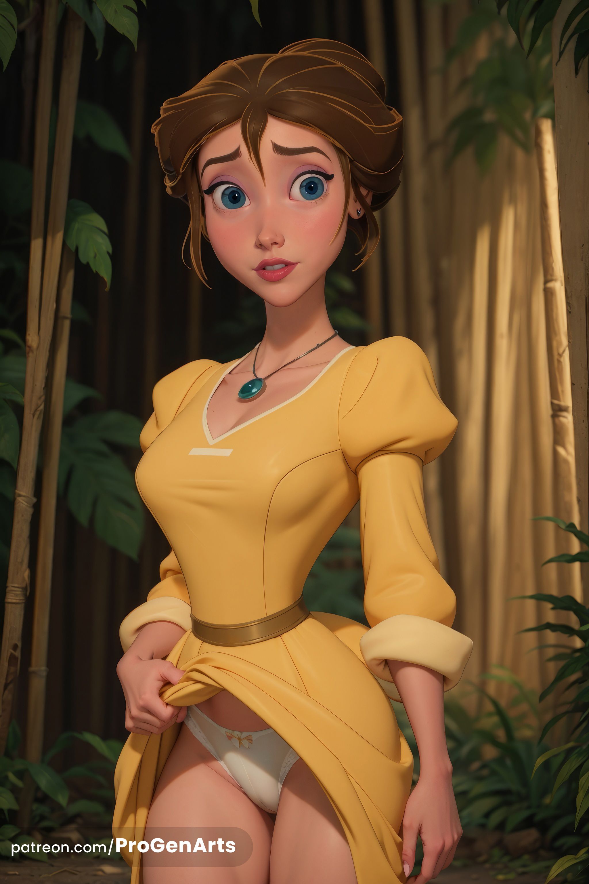 1girls, ai generated, artist name, blue eyes, bow, bow panties, breasts, brown hair, cleavage, clothes lift, cowboy shot, disney, dress, dress lift, earrings, female, forest, hi res, jane porter, jewelry, juliet sleeves, lifted by self, lips, long sleeves, looking at viewer, medium breasts, nature, necklace, outdoors, panties, parted lips, patreon username, progenarts, puffy sleeves, short hair, solo, standing, tarzan (1999 film), underwear, walt disney, watermark, web address, white panties, yellow dress