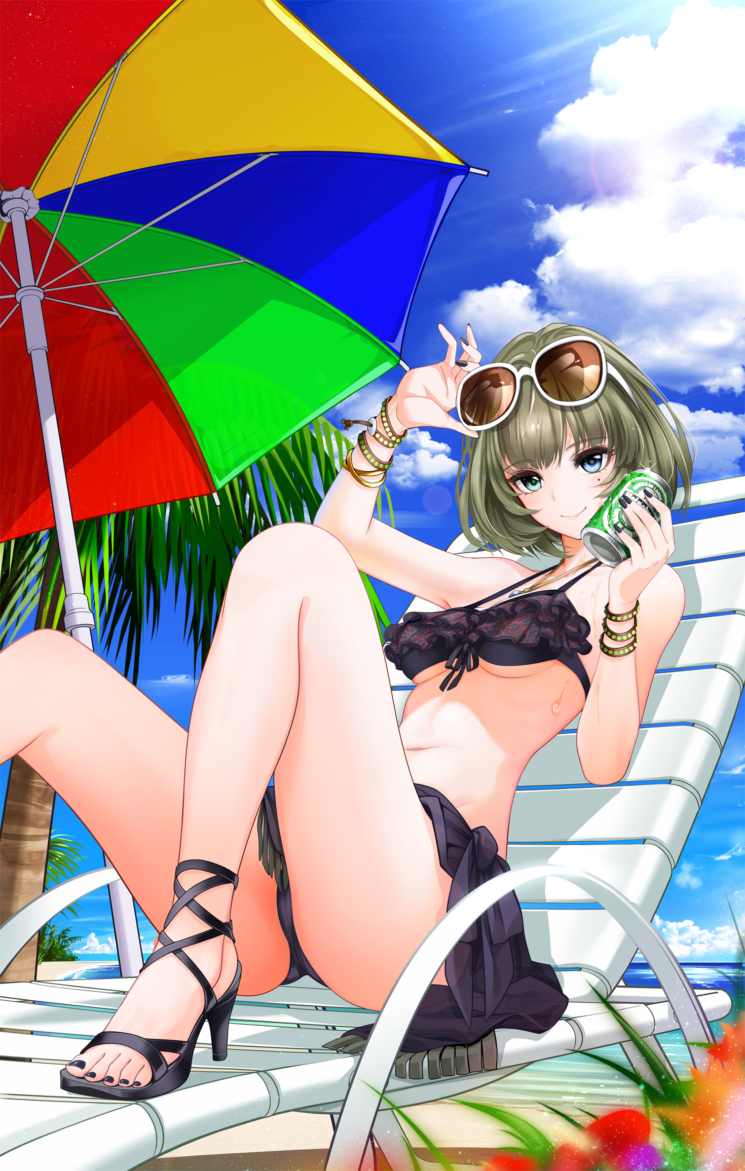 1girls, adjusting glasses, ass, bare legs, beach, beach umbrella, beer, beer can, bikini, black nails, black toenails, breasts, feet, female, high heels, idolmaster, idolmaster cinderella girls, legs, looking at viewer, nail polish, open toe shoes, short hair, sitting, tagme, takagaki kaede, toenail polish, toenails, toes, underboob