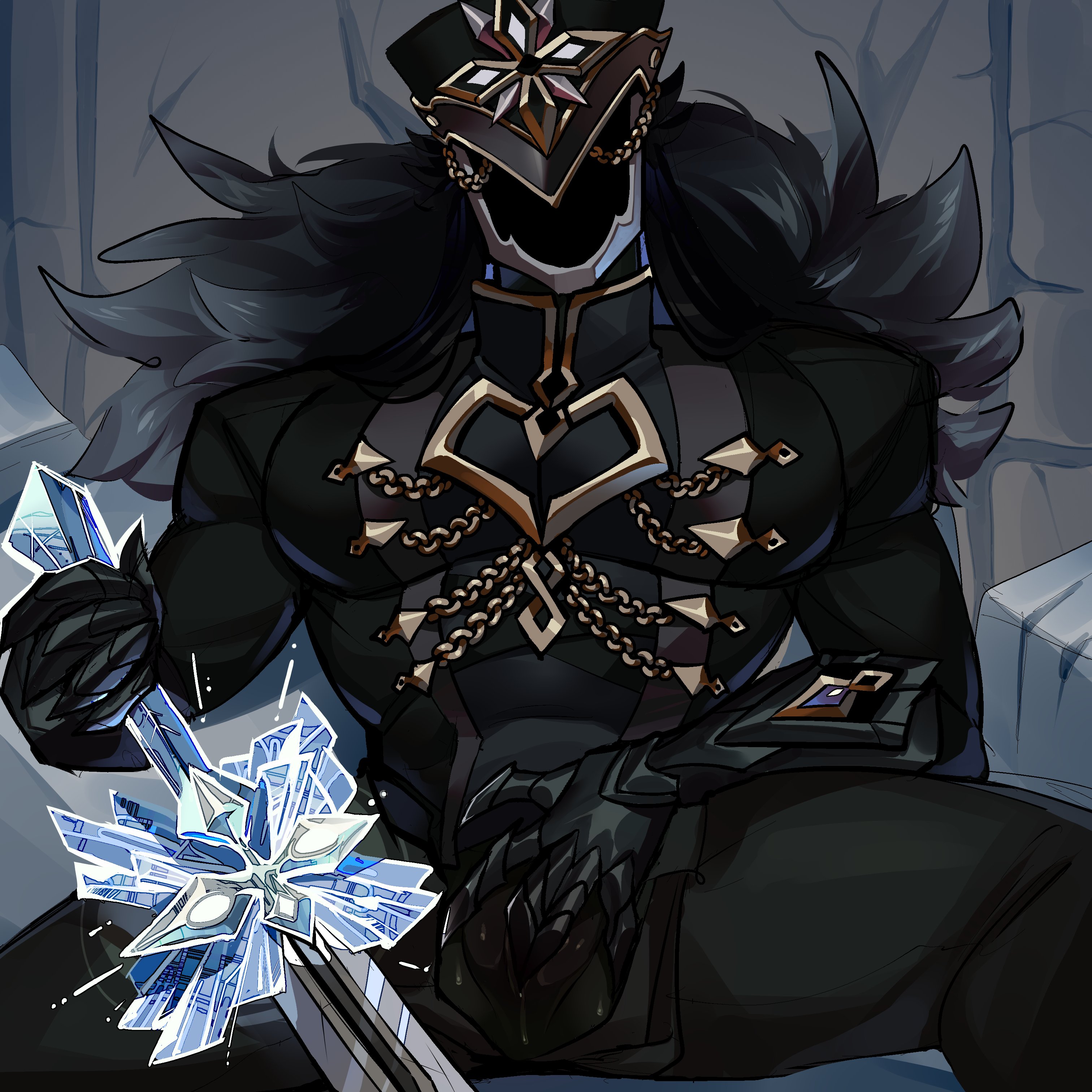 black body, capitano (genshin impact), cuntboy, fingering pussy, fingering self, flanco, gay, genshin impact, helmet, humanoid, intersex, male, male only, muscular, pussy, trans man