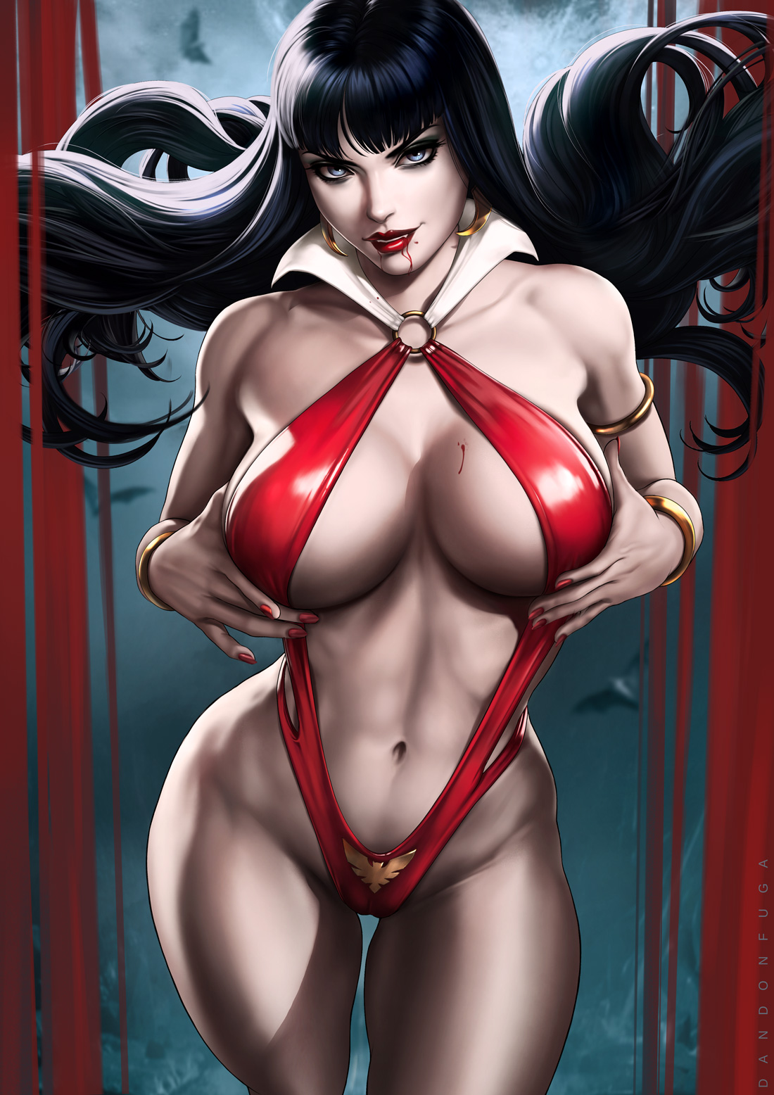 1girls, abs, big breasts, black hair, blood, blue eyes, breasts, cleavage, dandon fuga, dynamite comics, fangs, female, female only, huge breasts, large breasts, leotard, long hair, looking at viewer, pinup, red lips, red lipstick, red nails, seductive, smile, solo, thick thighs, vampire, vampirella, vampirella (series)