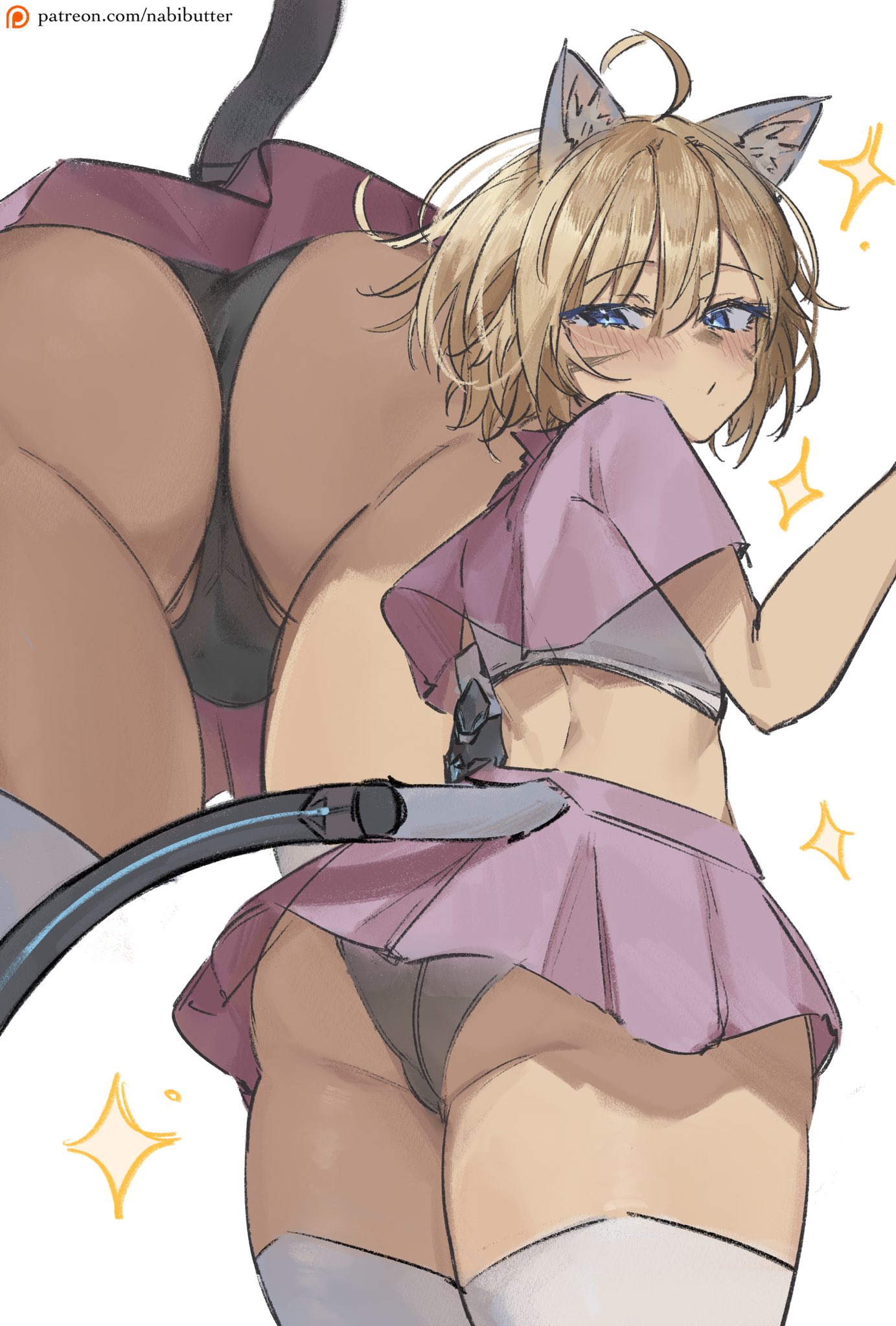 :o, 1boy, 2d, 2d (artwork), 2d artwork, artist name, ass, background, black panties, blonde hair, blue eyes, blush, blush lines, blushing at viewer, blushing male, cat boy, cat ears, cat tail, catboy, commission, crossdressing, femboy, femboy only, looking at viewer, male, male only, nabibutter, panties, patreon logo, patreon url, patreon username, pink skirt, simple background, skirt, solo, sparkles, thicc, thigh highs, thighhighs, watermark, white background, white cat ears, white thigh highs, white thighhighs, xcider