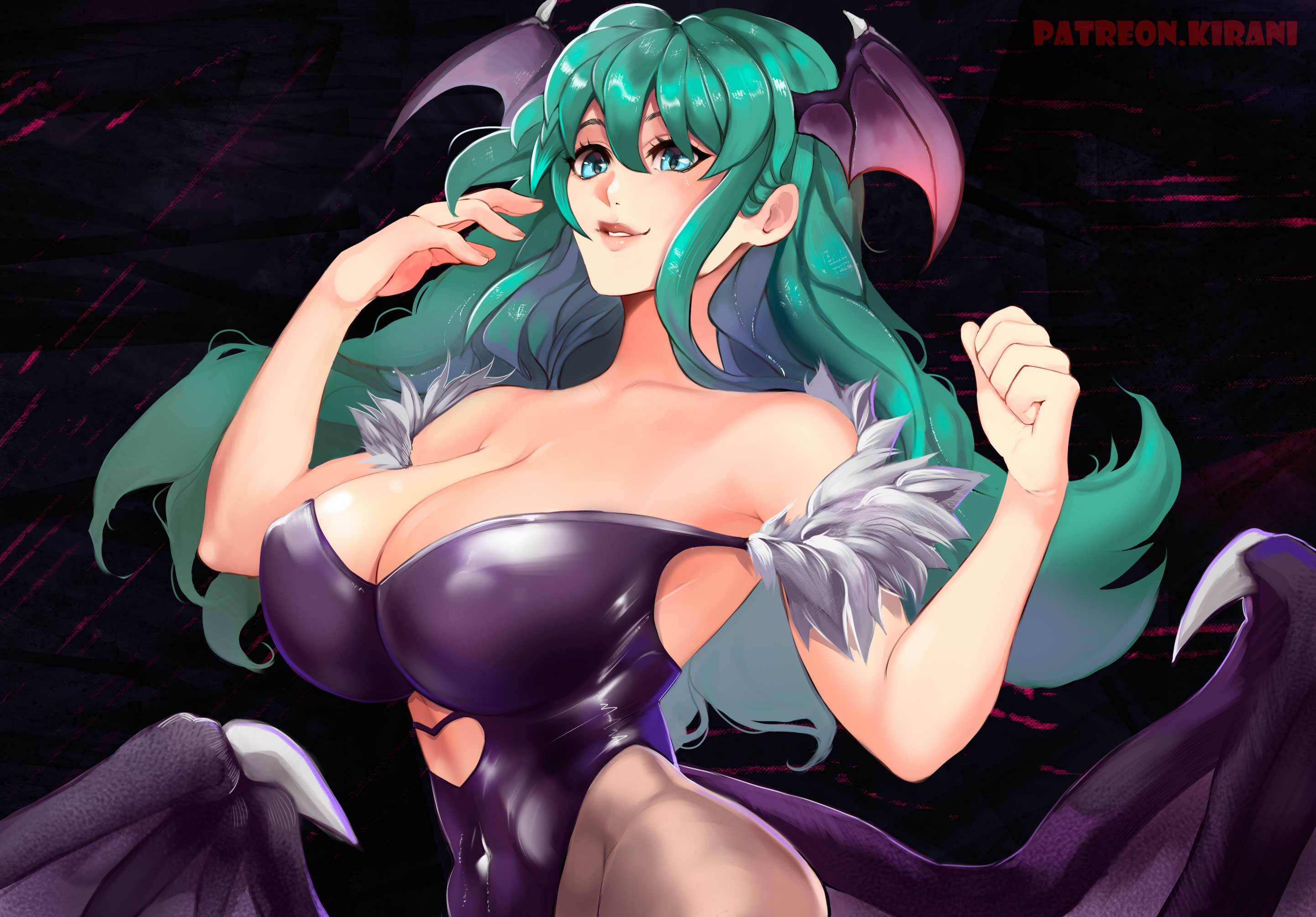 1girls, breasts, cleavage, clothing, darkstalkers, demon, demon girl, female, female only, head wings, huge breasts, kirani, large breasts, looking at viewer, morrigan aensland, solo, succubus