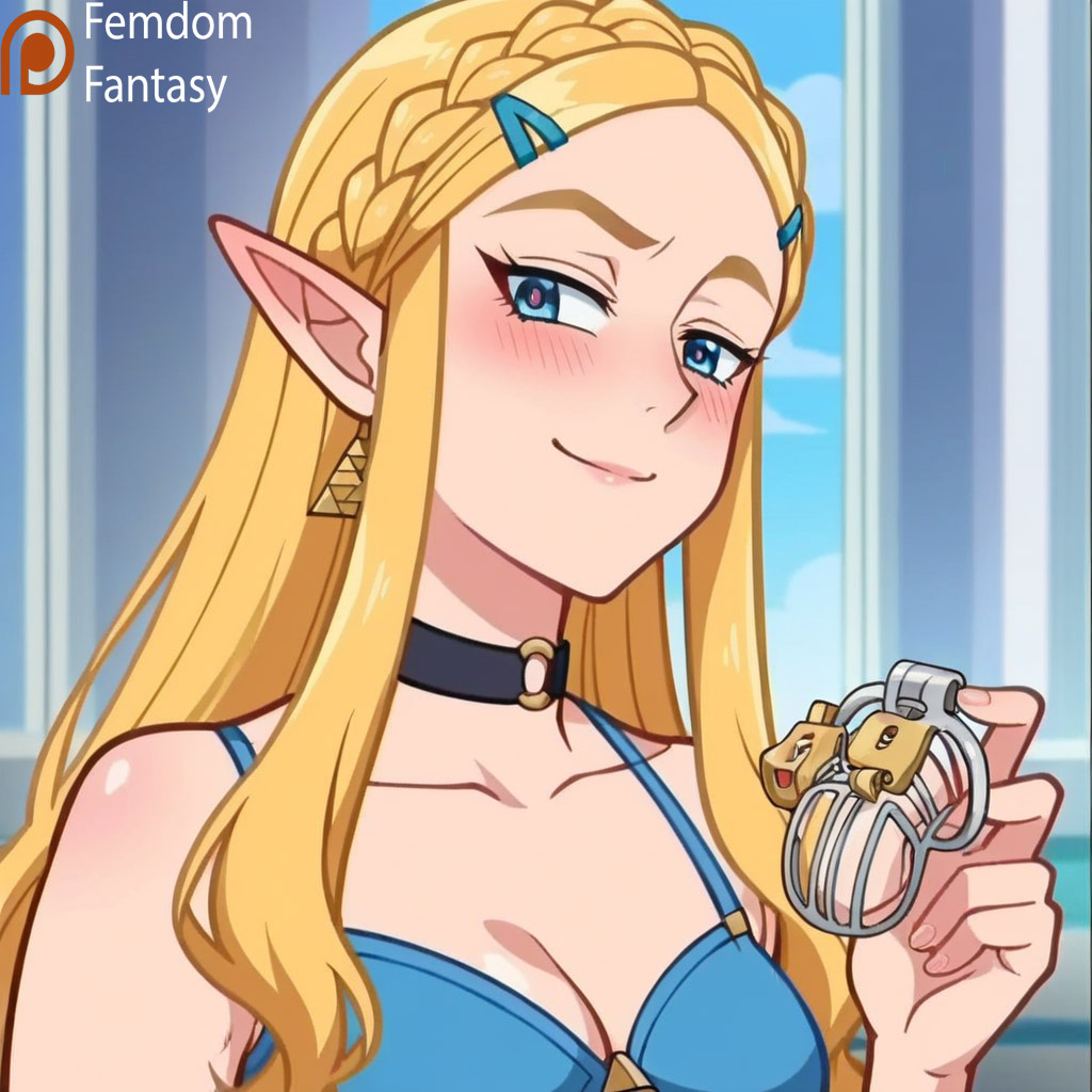 1girls ai_generated another cage chastity cocky device dominant domination dominatrix female femdom femdomfantasyai locked offering only princess_zelda slave smile solo to viewer zelda_(breath_of_the_wild)