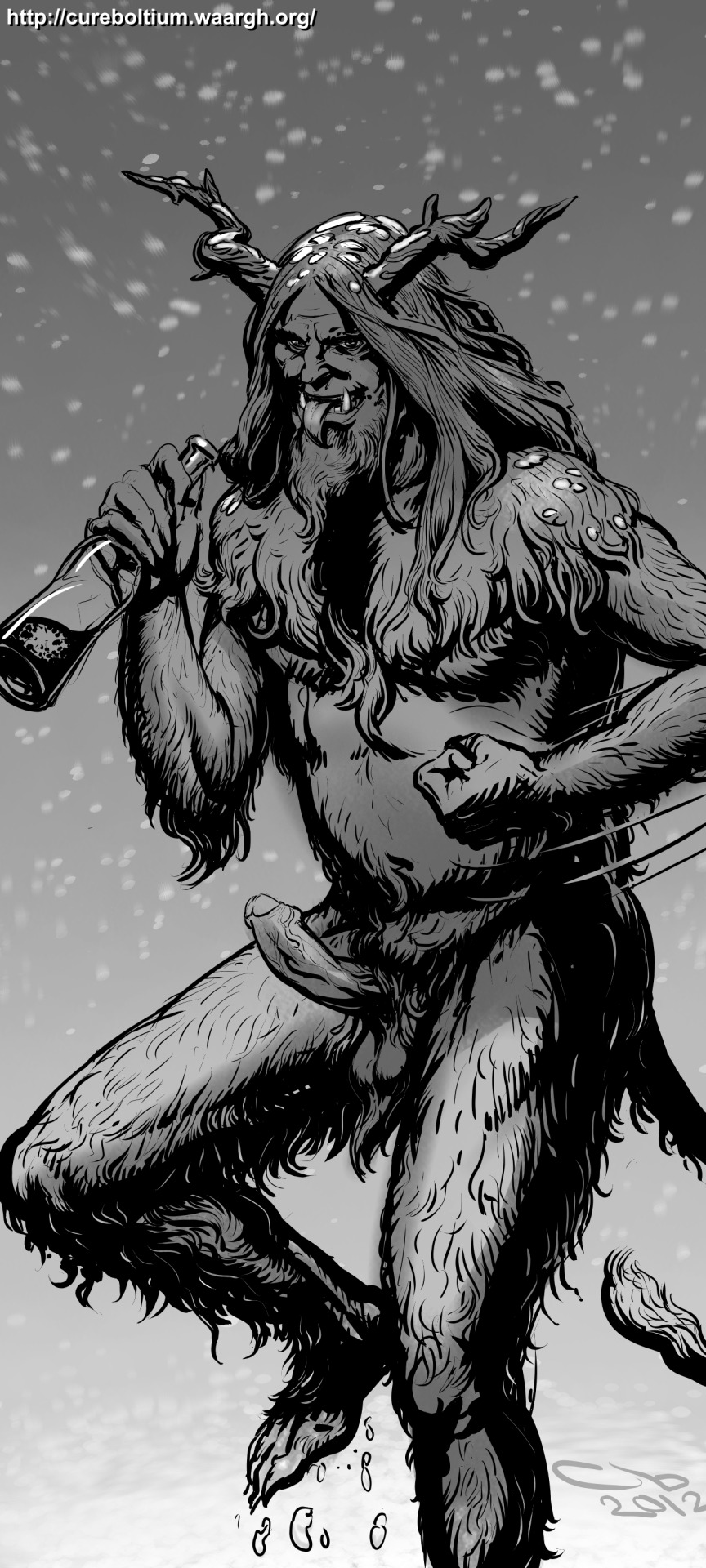 1boy 2012 antlers artist_initials artist_name artist_website ball_tuft balls ballsack beard body_fur body_hair bottle cureboltium demon erection facial_hair foreskin greyscale hairy hairy_male hooves humanoid intact krampus long_hair_male male male_only male_pubic_hair masculine mature_male monochrome nude_male partially_retracted_foreskin penis pubes scrotum shaggy_fur snow solo testicles tongue tongue_out tusks uncut veiny_penis