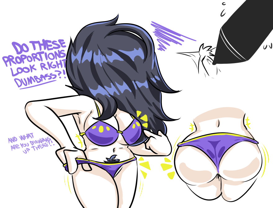 1girls annoyed ass bikini black_hair breasts english_text female_pubic_hair hair_over_eyes large_breasts long_hair multiple_views mysaltisexposed natsuko_hirose navel pubic_hair pubic_hair_peek purple_bikini sketching standing stylus swimsuit thong_bikini white_background zenshu