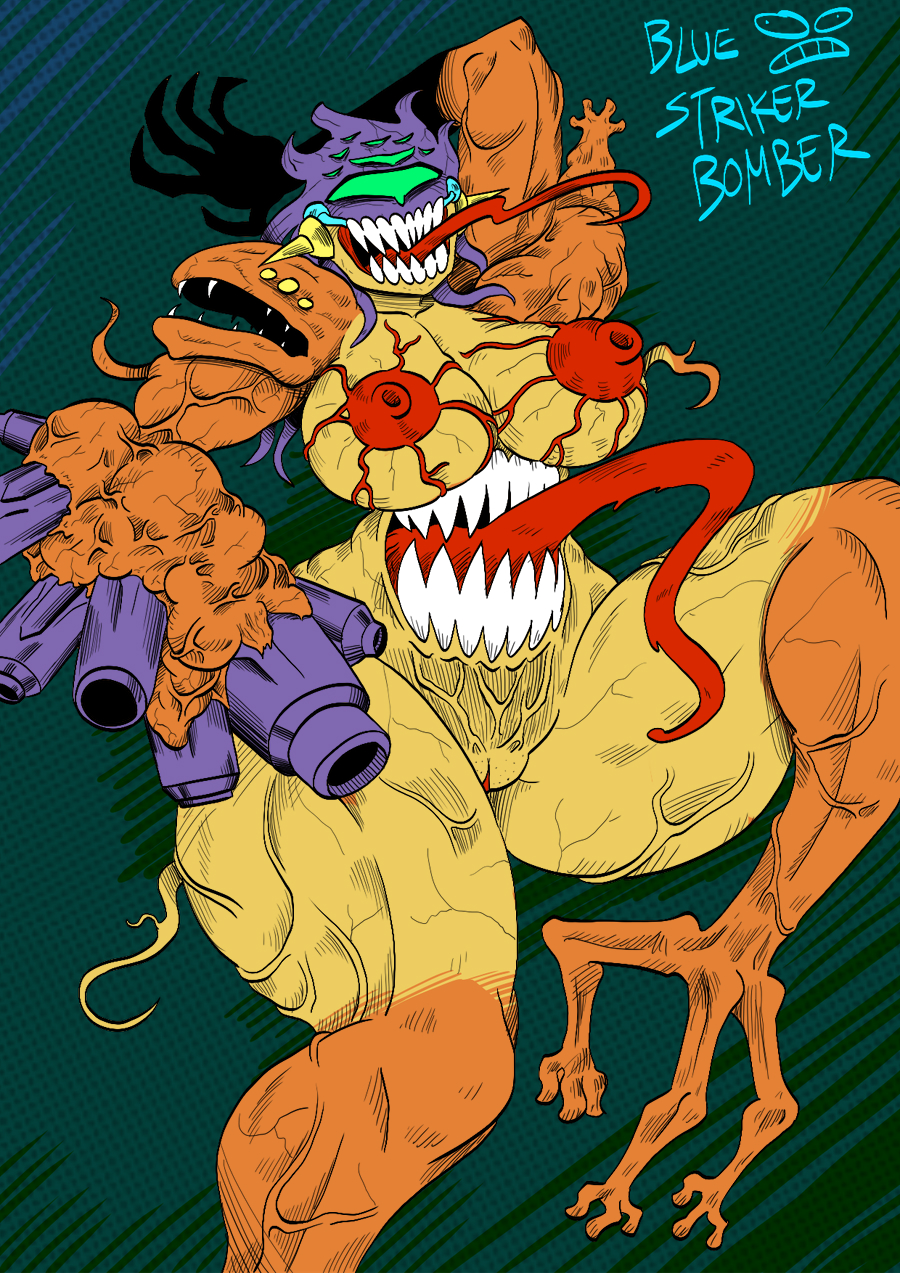 arm_cannon belly_mouth bluestrikerbomber body_horror eldritch_abomination eldritch_horror horror long_tongue metroid metroid_fusion monster monster_girl multi_mouth mutant nintendo orange_skin sa-x sharp_teeth stomach_mouth tongue_out veiny_breasts x_parasite yellow_skin