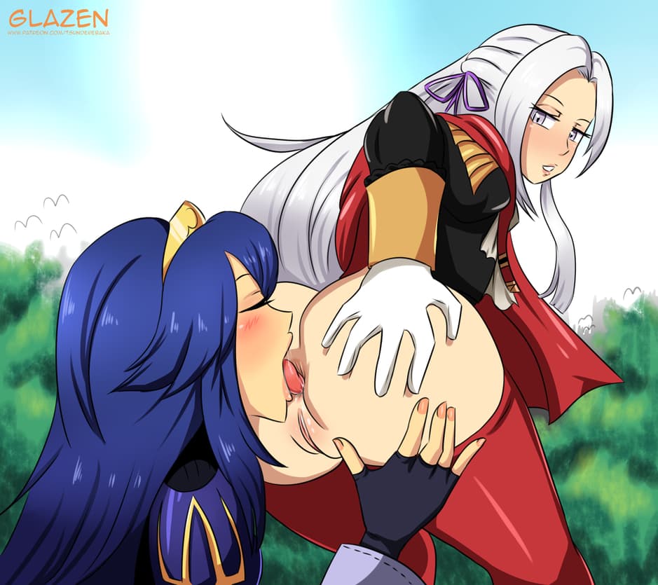 2girls, anilingus, anus, ass, blue hair, blush, closed eyes, edelgard von hresvelg, female, female only, female rimming female, fire emblem, fire emblem awakening, fire emblem: three houses, glazinbuns, gloves, long hair, lucina (fire emblem), multiple females, multiple girls, nintendo, open mouth, purple eyes, pussy, rimjob, rimming, tongue, white hair, yuri