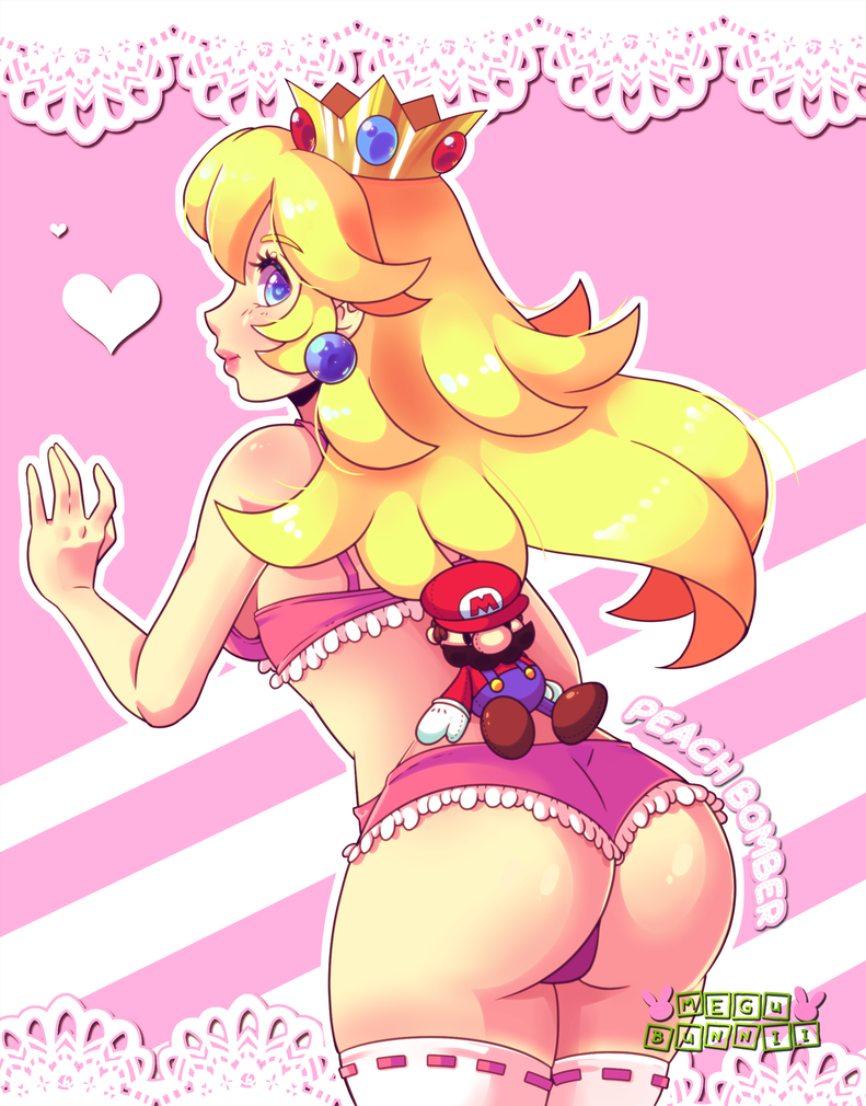 1girls, ass, blonde hair, blue eyes, bra, clothing, crown, curvaceous, curvy, earrings, female, female only, heart, human, jewelry, legwear, long hair, looking at viewer, looking back, mario, mario (series), megubinnii, megubunnii, nintendo, panties, pink background, pink bra, pink panties, plushie, presenting, princess peach, solo, standing, thick, thick thighs, thighhighs, thighs, underwear, underwear only, video games, wide hips