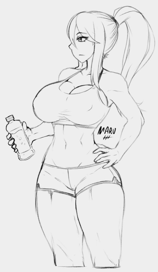 1girls, abs, alternate breast size, belly, big breasts, bottle, breasts, bulge, erect nipples, female, fit, half-closed eyes, hand on hips, holding, huge breasts, large breasts, long hair, looking away, maruzyrukun, metroid, midriff, monochrome, muscular, muscular arms, muscular female, muscular legs, navel, nintendo, nipple bulge, nipples, ponytail, pose, samus aran, shirt, shorts, sketch, solo, tank top, text, thick thighs, thigh gap, watermark, wide hips