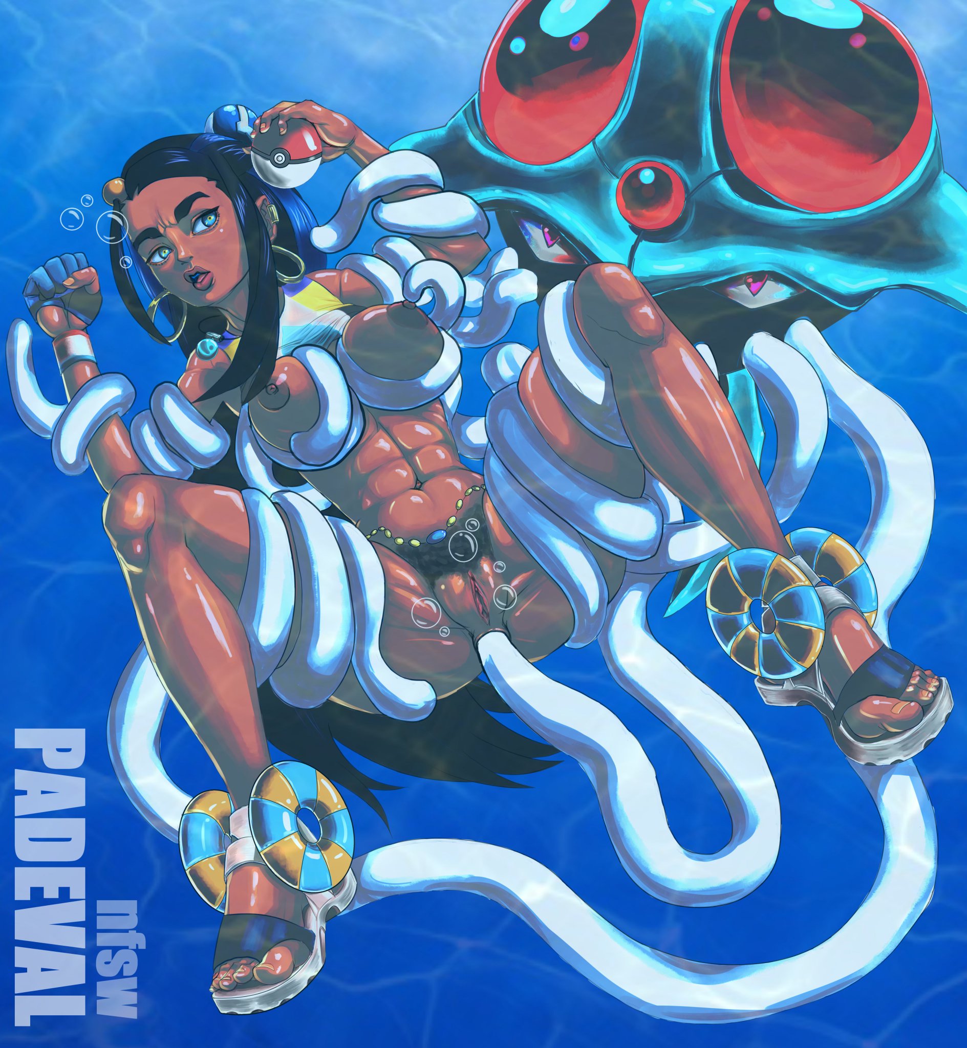 1girls, abs, alternate breast size, ambiguous gender, anal, anal sex, areolae, arm grab, ass, belly, big breasts, blue background, blue eyes, blue hair, blue skin, bondage, breast grab, breasts, bubbles, busty, dark skin, dark-skinned female, earrings, eye contact, feet, female, femsub, gloves, half-closed eyes, holding, hoop earrings, human, interspecies, jellyfish, large breasts, leg grab, long hair, looking at viewer, muscular, muscular female, muscular sub, navel, necklace, nessa (pokemon), nintendo, nipples, nude, open mouth, open toe shoes, padeval, pink eyes, pinup, poke ball, pokemon, pokemon rgby, pokemon ss, pokephilia, pubic hair, pussy, rape, sandals, sex, shoes, size difference, smaller female, spread arms, spread legs, tentacle, tentacle sex, tentacles, tentacruel, thick thighs, toes, underwater, underwater sex, water, watermark, wide hips