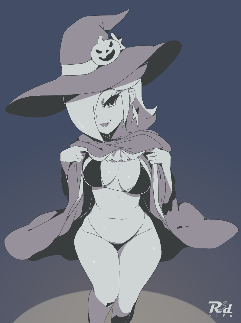 1girls alternate_costume big_breasts bikini breasts cleavage cosplay dress_lift female female_only halloween large_breasts lifted_by_self looking_at_viewer mario_(series) mario_kart mario_kart_tour monochrome nintendo presenting princess_rosalina r3dfive solo witch witch_hat