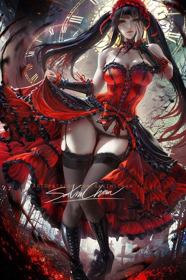 1girls, big breasts, breasts, cleavage, date a live, female, female only, large breasts, looking at viewer, panties, pinup, sakimichan, solo, thighhighs, tokisaki kurumi