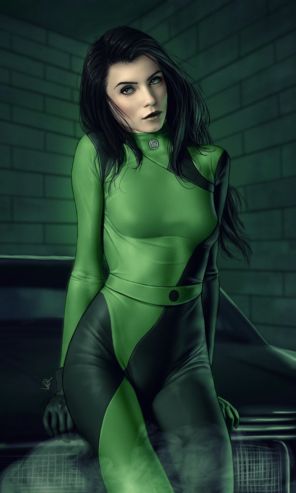 black hair, black lips, black lipstick, clothed, clothed female, clothes, clothing, color, colored, dark hair, disney, female, female focus, female only, fully clothed, green eyes, green skin, human, human only, kim possible, lipstick, long hair, makeup, realistic, shego, solo, solo female, solo focus, uncensored, viiperart
