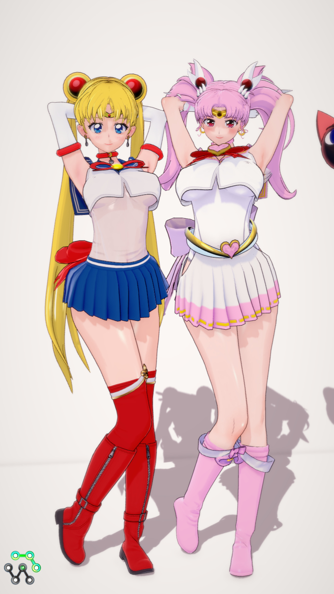 2girls 3d aged_up arms_up bishoujo_senshi_sailor_moon breasts chibi_usa clothing female female_only large_breasts luna-p mother_and_daughter nyahoi_sakura posing sailor_chibi_moon sailor_fuku sailor_moon short_skirt skirt small_breasts usagi_tsukino