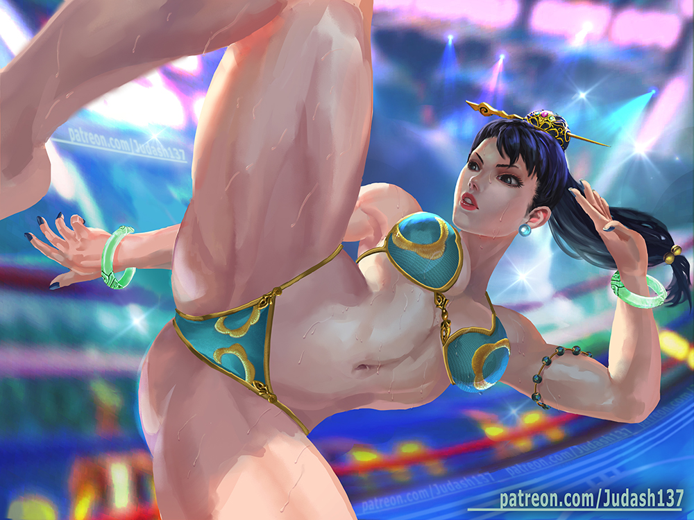 1girls armpits bikini black_hair bracelet breasts brown_legwear capcom china_dress chinese_clothes chun-li cleavage collarbone dress earrings fantasy female female_only fighting_stance high_kick jewelry judash137 kicking large_breasts light-skinned_female light_skin long_hair looking_at_viewer open_mouth parted_lips pelvic_curtain puffy_sleeves sash short_hair side_slit solo solo_female street_fighter sweat swimsuit thick_thighs thighs toned wet