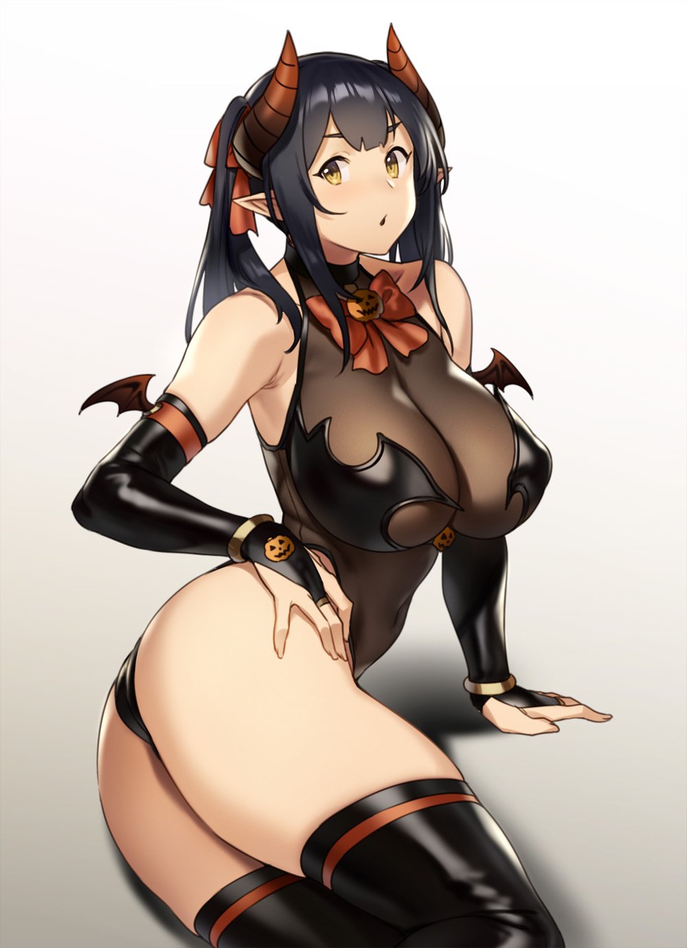 1girls, ass, belly button, big breasts, black hair, black stockings, breasts, cleavage, elf (houtengeki), female, female only, hornes, houtengeki, large breasts, leotard, looking back, pointy ears, short hair, sleeves, solo, stockings, thighhighs, yellow eyes