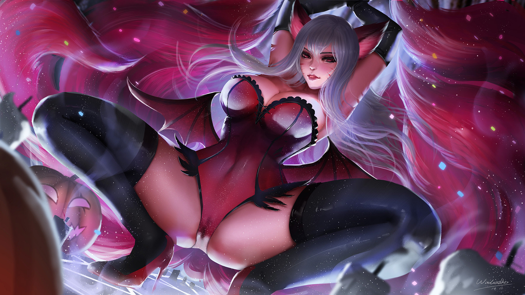 1girls, ahri, big breasts, breasts, challenger ahri, cleavage, female, female only, large breasts, league of legends, looking at viewer, silver hair, solo, spread legs, thighhighs, windwalker, yellow eyes