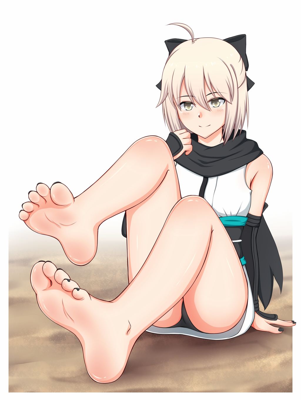 1girls bare_legs barefoot black_nail_polish black_nails fate/grand_order fate_(series) feet female female_only foot_fetish foot_focus green_eyes human okita_souji_(fate) okita_souji_(fate)_(all) servant_(fate) short_hair soles toeless_legwear toenail_polish toenails toes video_games