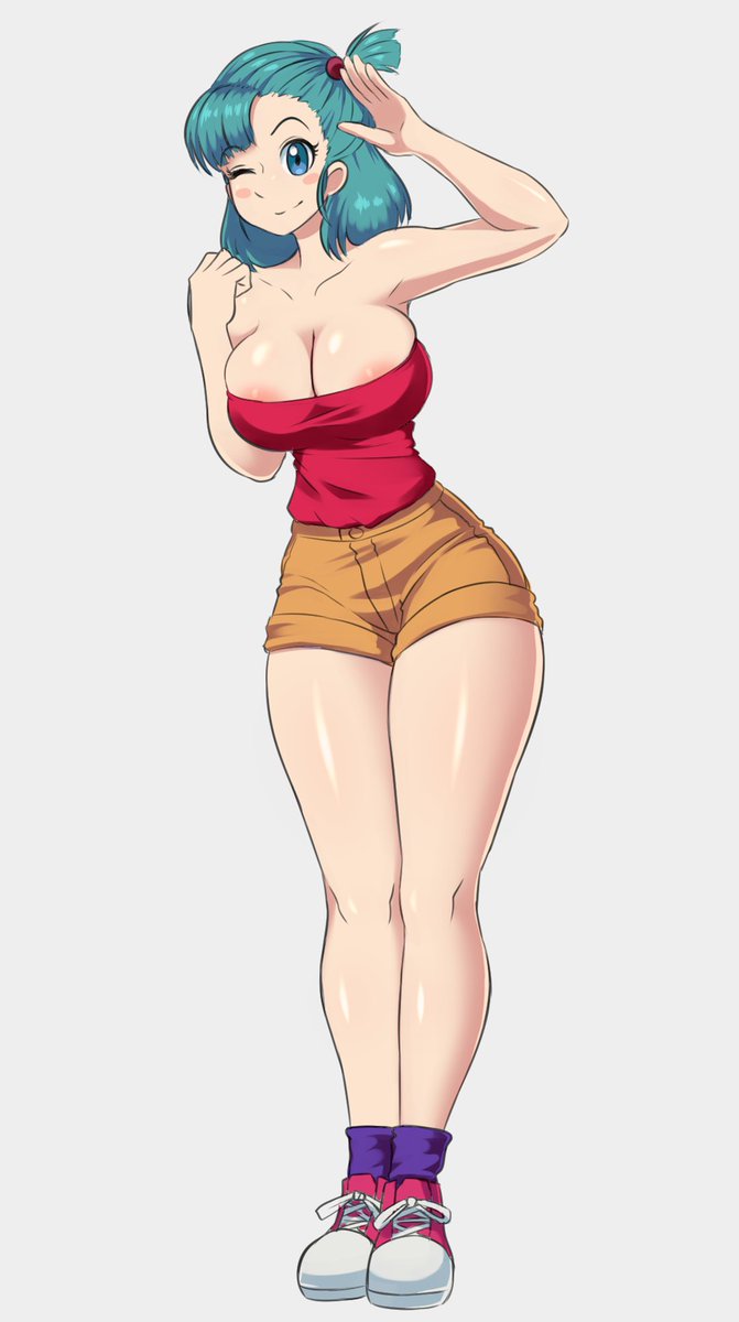 1girls, armpits, blue hair, breasts, bulma briefs, dragon ball, dragon ball (classic), exposed nipples, female, female only, full body, large breasts, long legs, maruzyrukun, shoes, short shorts, shorts, sneakers, solo, standing, teenager, thick thighs, wide hips, wink