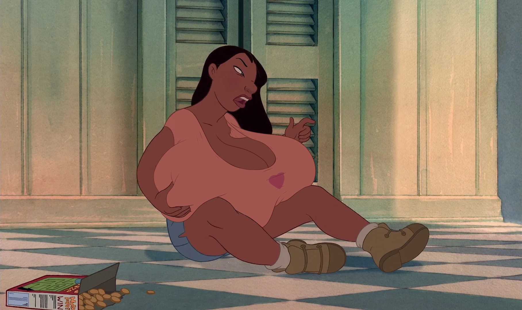 1girls, accurate art style, big breasts, breast grab, breasts, brown eyes, cleavage, clothed, clothed female, clothing, dark skin, dark-skinned female, disney, edit, female, female only, fully clothed, huge breasts, human, human only, hyper, hyper breasts, large breasts, lilo and stitch, long hair, nani pelekai, screenshot, screenshot edit, shoes, solo, uncensored, upset, weirdeditorial (artist)