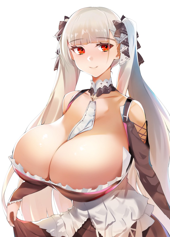 azur lane, breasts, cleavage, female, formidable (azur lane), hair ornament, huge breasts, long hair, outfit, smiling, white hair