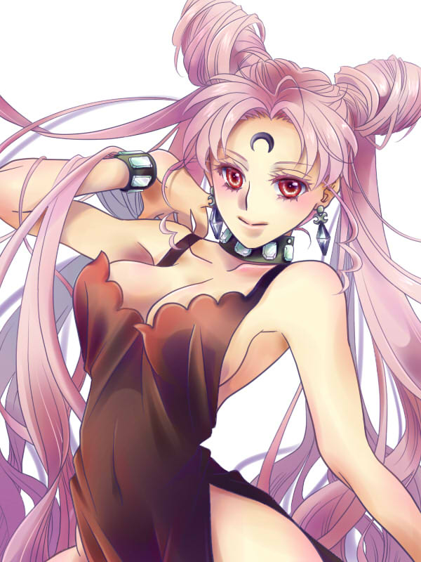 1girls aged_up akira_shun big_breasts bishoujo_senshi_sailor_moon black_lady black_moon bracelet breasts chibi_usa choker cleavage clothed clothing dark_persona double_bun dress earrings female female_only forehead_mark high_slit jewelry large_breasts long_hair looking_at_viewer pink_hair pinup pose red_eyes solo twintails villainess