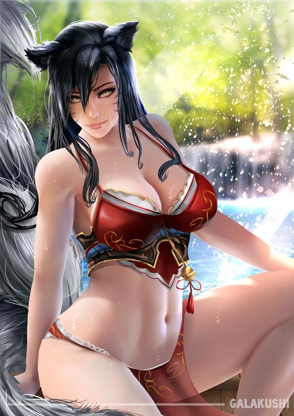 ahri, big breasts, black hair, breasts, face markings, female, fox ears, fox girl, galakushi, league of legends, looking at viewer, tail, thick thighs, waterfall, yellow eyes