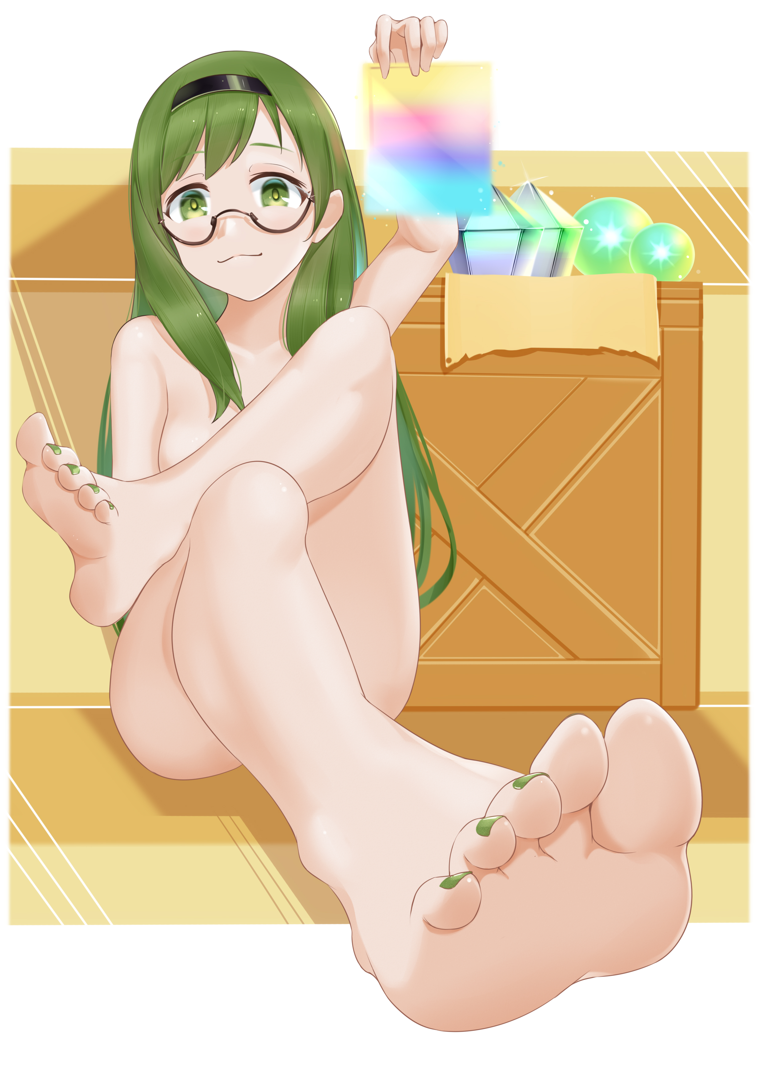 1girls, bare arms, bare legs, barefoot, box, feet, female, female only, foot fetish, glasses, green eyes, green hair, green nails, green toenails, karin (princess connect!), legs, legs crossed, nude, princess connect!, princess connect! re:dive, soles, solo, tagme, toenail polish, toenails, toes