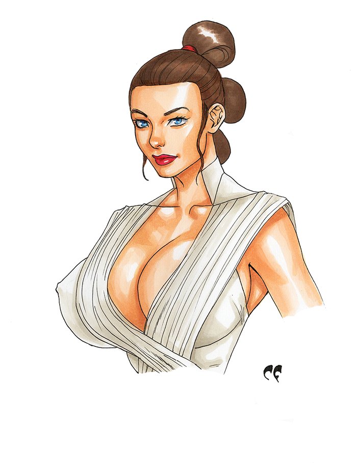 1girls, big breasts, blue eyes, breasts, brown hair, busty, chris foulkes, cleavage, erect nipples, female, female only, hourglass figure, large breasts, lipstick, looking at viewer, nipples, nipples visible through clothing, rey, solo, star wars, tagme, the force awakens, tied hair, white background