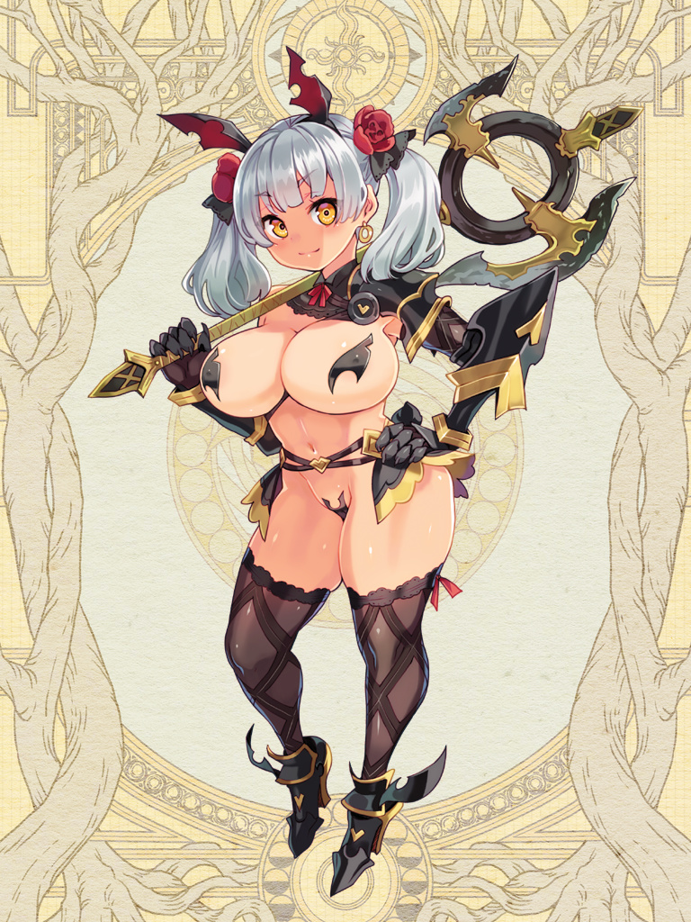 ankle boots, armor, axe, big breasts, big ears, bikini armor, breasts, covered nipples, curvy, dairoku youhei, demon, demon girl, female, flower in hair, flowers in hair, full body, gauntlets, green hair, hand on hip, huge breasts, long hair, nipple covers, pasties, ryoji (nomura ryouji), shiny hair, shortstack, silver hair, small but busty, smile, smiling, solo, succubus, thick thighs, thighhighs, twintails, unconvincing armor, weapon, yellow eyes