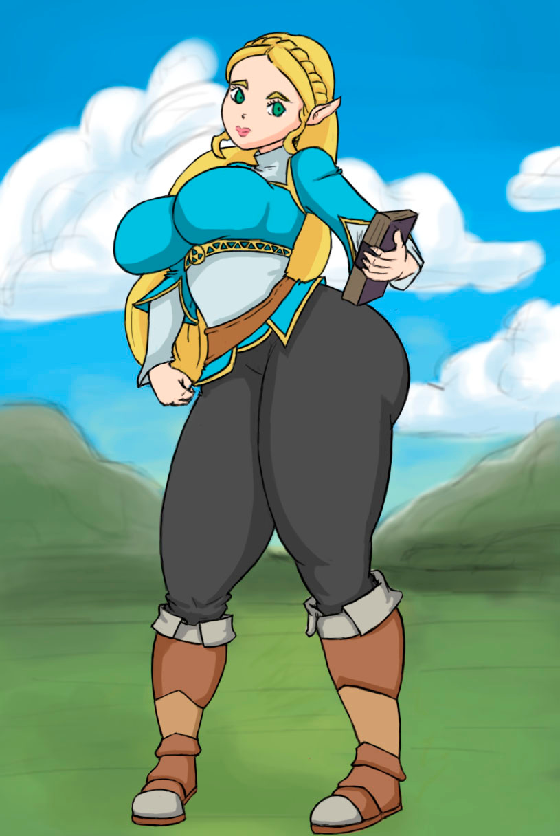 1girls, ass, big ass, big breasts, big butt, blonde hair, book, breasts, breath of the wild, busty, curvy, female, fully clothed, green eyes, huge ass, large breasts, leggings, looking at viewer, nintendo, princess zelda, solo, standing, the legend of zelda, thick thighs, ultiblackfire, voluptuous, wide hips, zelda (breath of the wild)