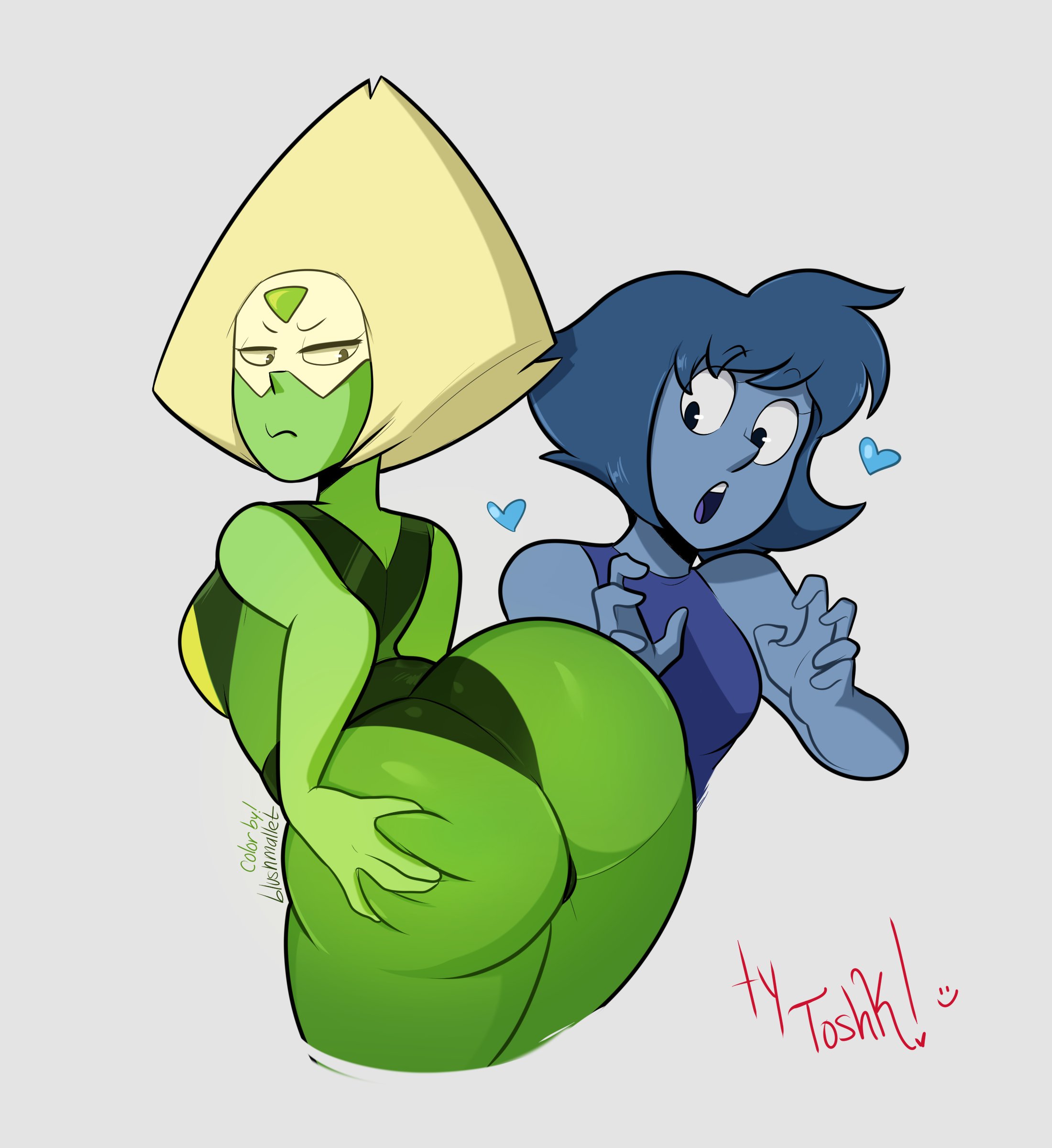 ass, ass grab, big ass, blushmallet, cartoon network, female, female focus, female only, gem (species), guillion (toshkarts), heart, lapis lazuli (steven universe), large ass, peridot (steven universe), steven universe, surprised, thick thighs, thighs, yuri