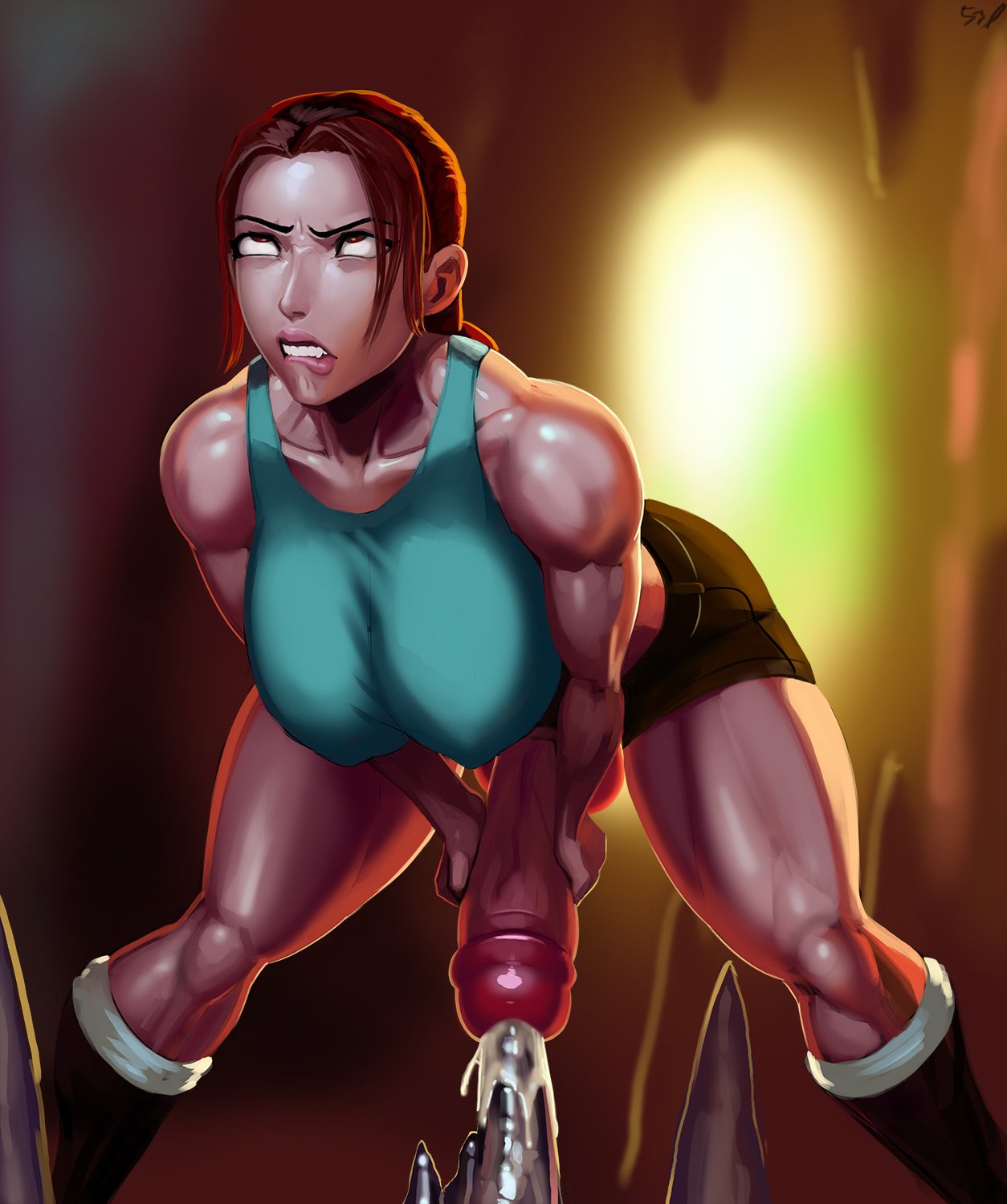 1futa ahe_gao aka6 biting_lip boots bottomwear brown_eyes brown_hair cave cum eyes_rolling_back footwear futa_only futa_urethral_insertion futanari huge_breasts huge_cock intersex lara_croft lara_croft_(classic) large_breasts moaning muscles muscular muscular_futanari naughty_face orgasm penis_to_the_knees rough_sex seductive shorts stalagmite tank_top thick_thighs tomb_raider topwear urethral_insertion