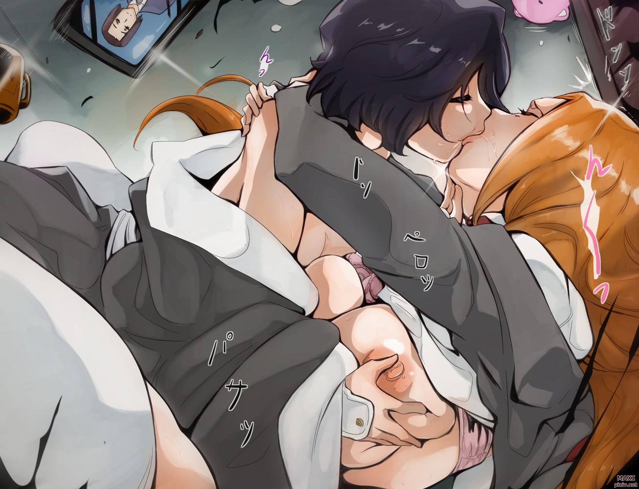 2girls, black hair, bleach, breast grab, breast squeeze, breasts, deep skin, female, french kiss, groping, groping breasts, huge breasts, inoue orihime, kissing, kuchiki rukia, large breasts, lesbians, long hair, maxi, nipples, orange hair, pink bra, saliva, short hair, skindentation, stockings, white stockings, yuri